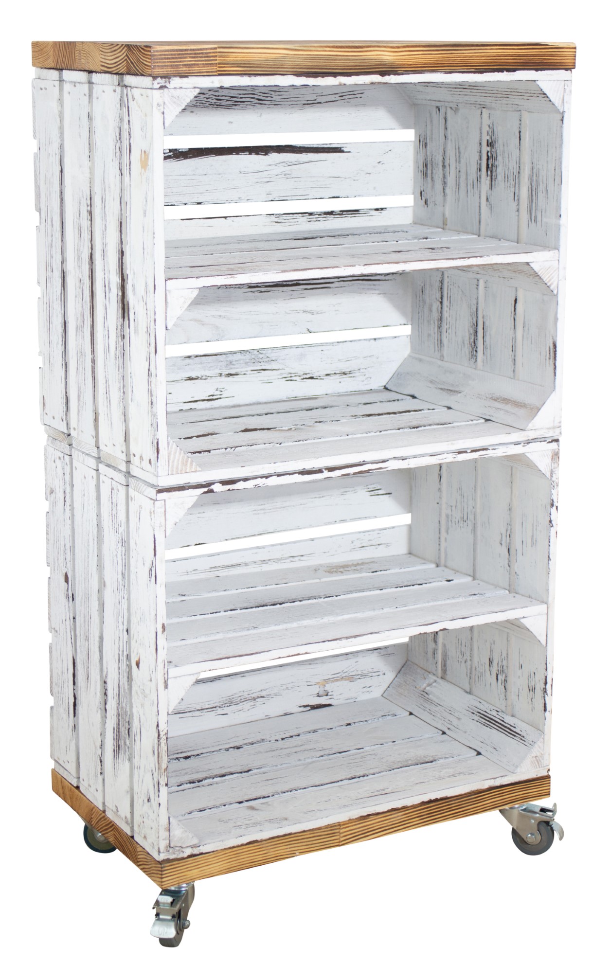 Regal aus 2 shabby weißen Kisten mit 2 geflammten Bohlenbrettern auf Rollen 93x50x30 Regal aus 2 shabby weißen Kisten mit 2 geflammten Bohlenbrettern auf Rollen 93x50x30