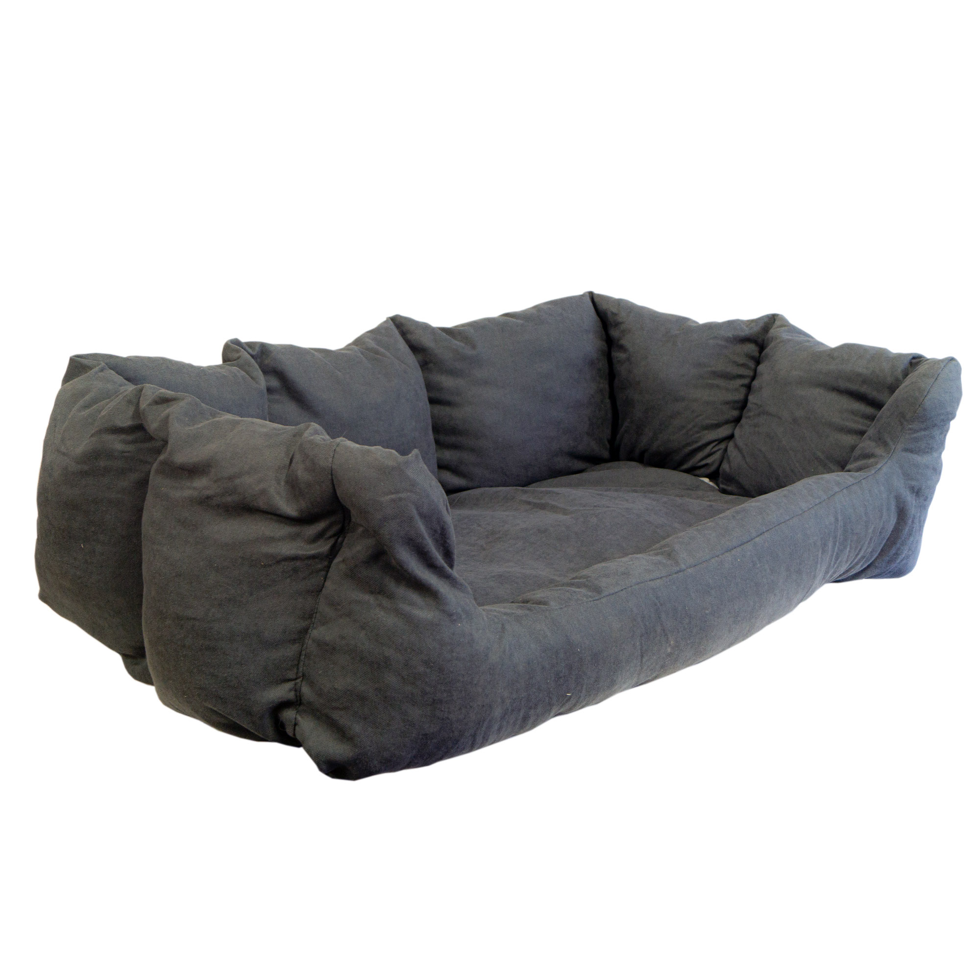 Hundebett Charly – Massivholz in Natur, Braun oder Geflammt 90x57x45cm Kissen grau