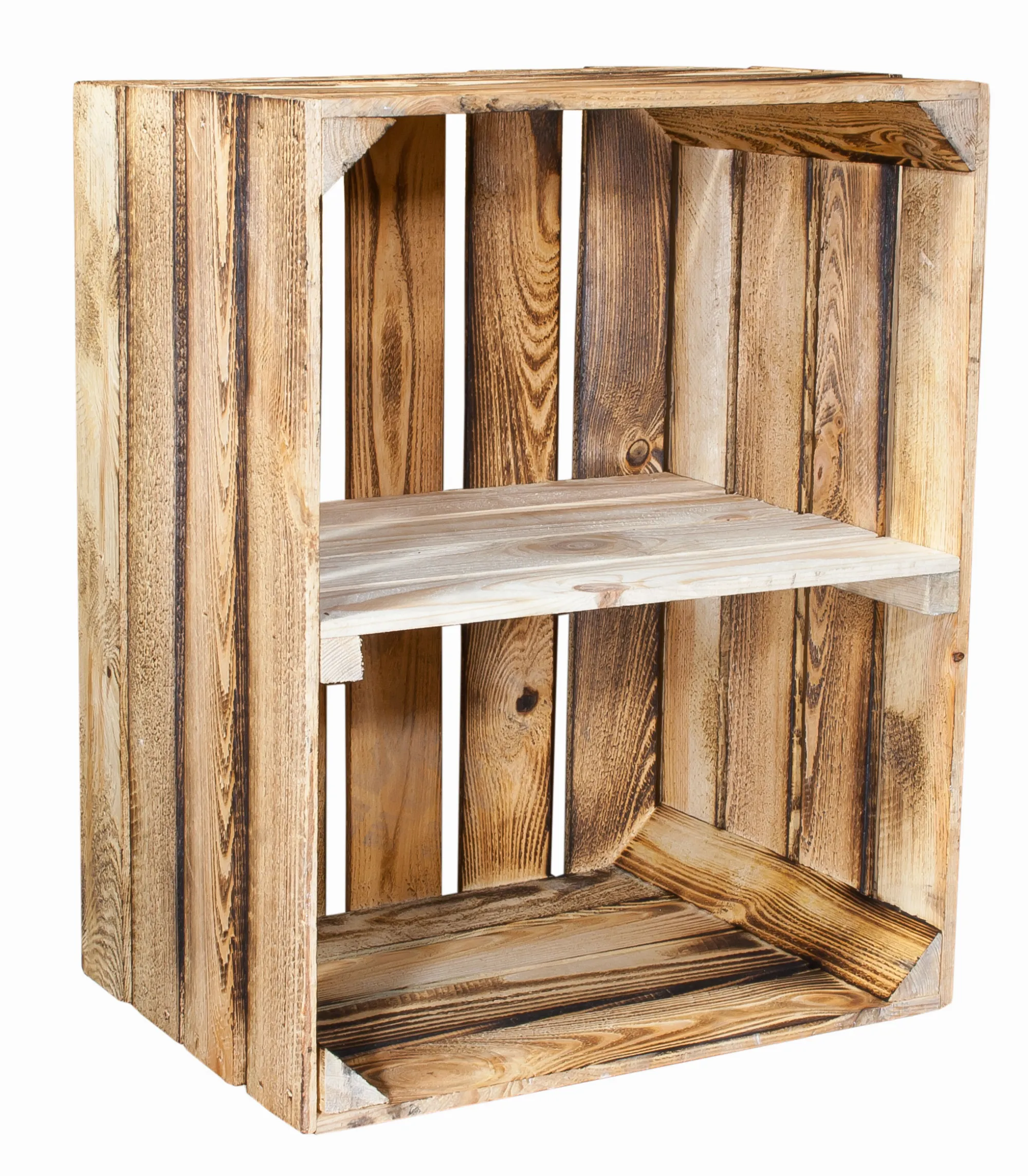 Geflammte Holzkiste mit Mittelbrett in natur -quer- 50x40x30cm Geflammte Holzkiste mit Mittelbrett in natur -quer- 50x40x30cm