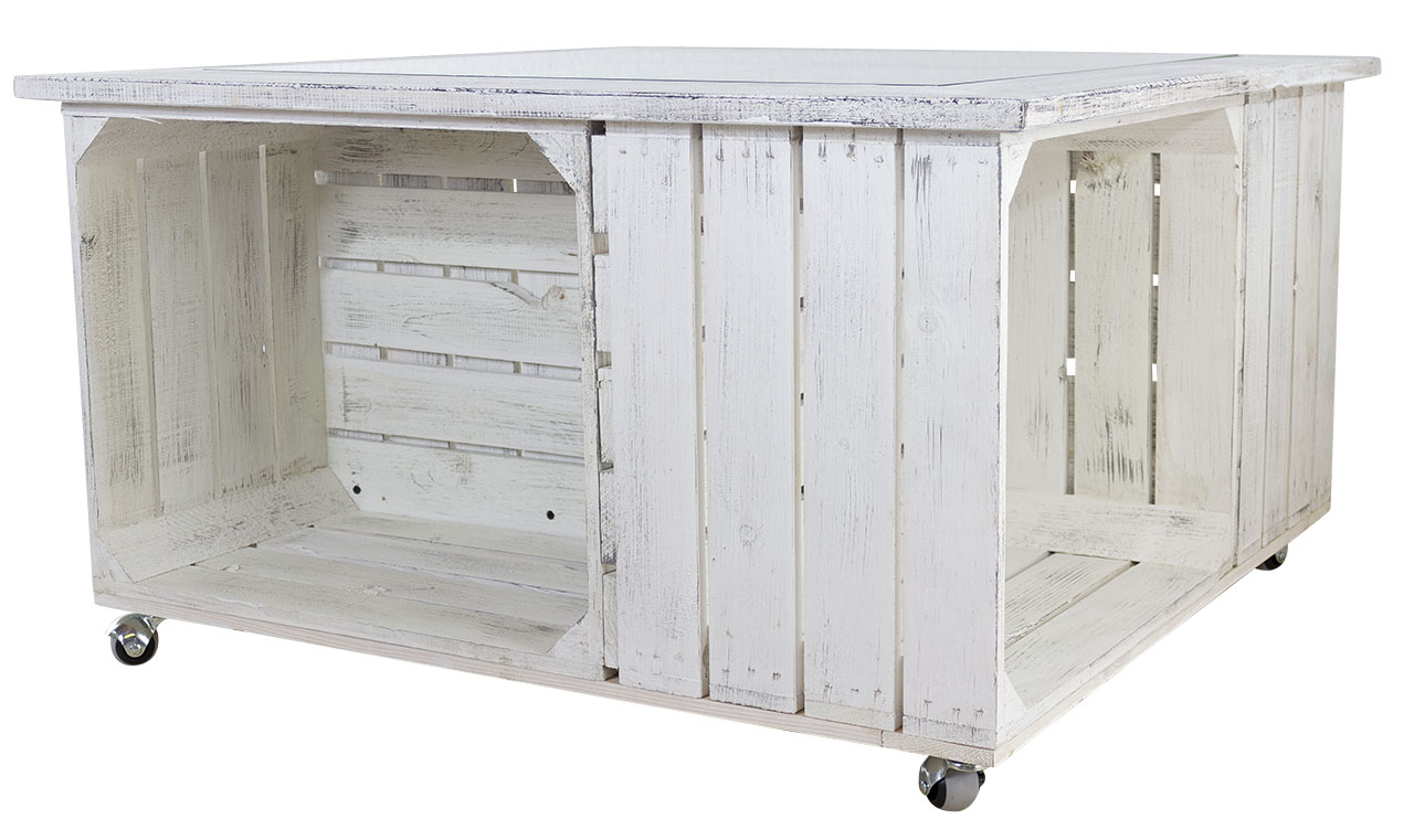 Weißer Tisch mit Glasplatte und Shabby Rahmen / besonders durch 4 Holzkisten für extra Stauraum / 85x85cm
