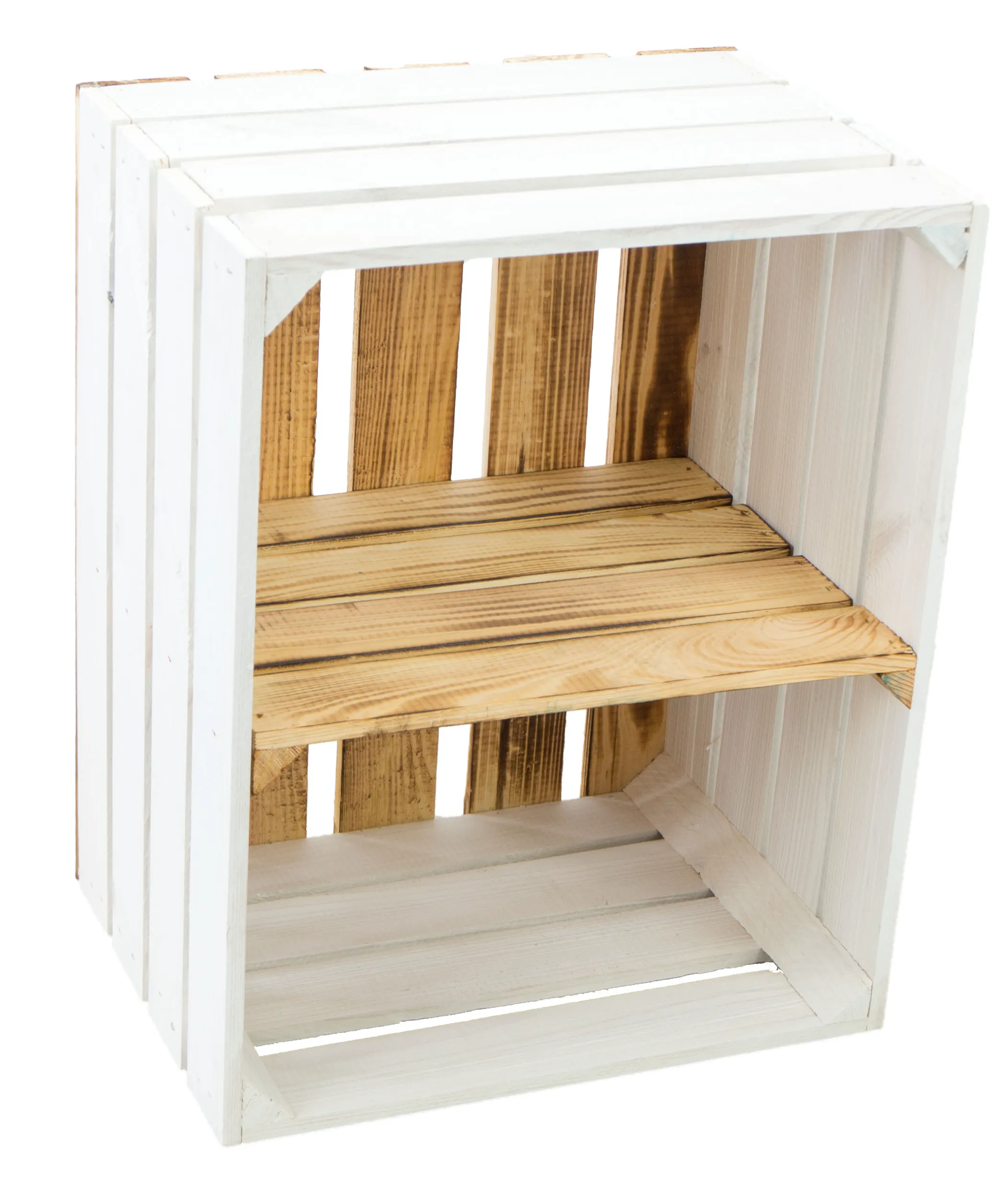 Obstkiste "Johanna" weiß mit geflammten Boden mit Mittelbrett geflammt QUER