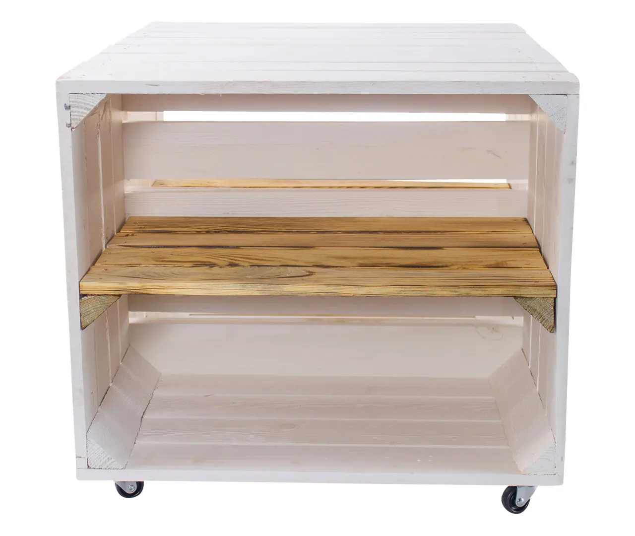 Beistelltisch aus weiß geflammten Kisten mit Regalbrett 50x40x60cm