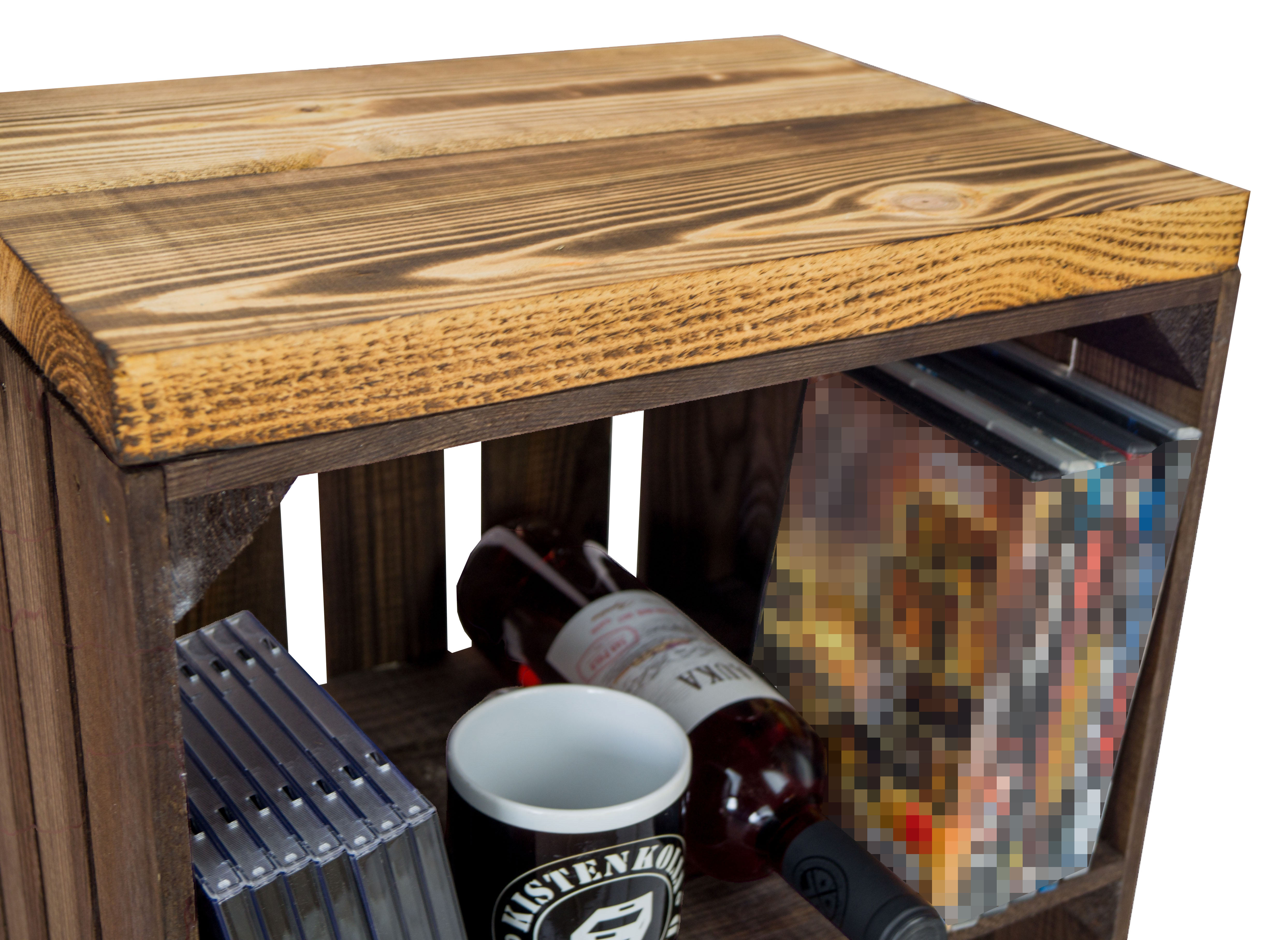 Sitzkiste Johanna dunkel Quer Sitzfläche aus dicken geflammten Holzplanken