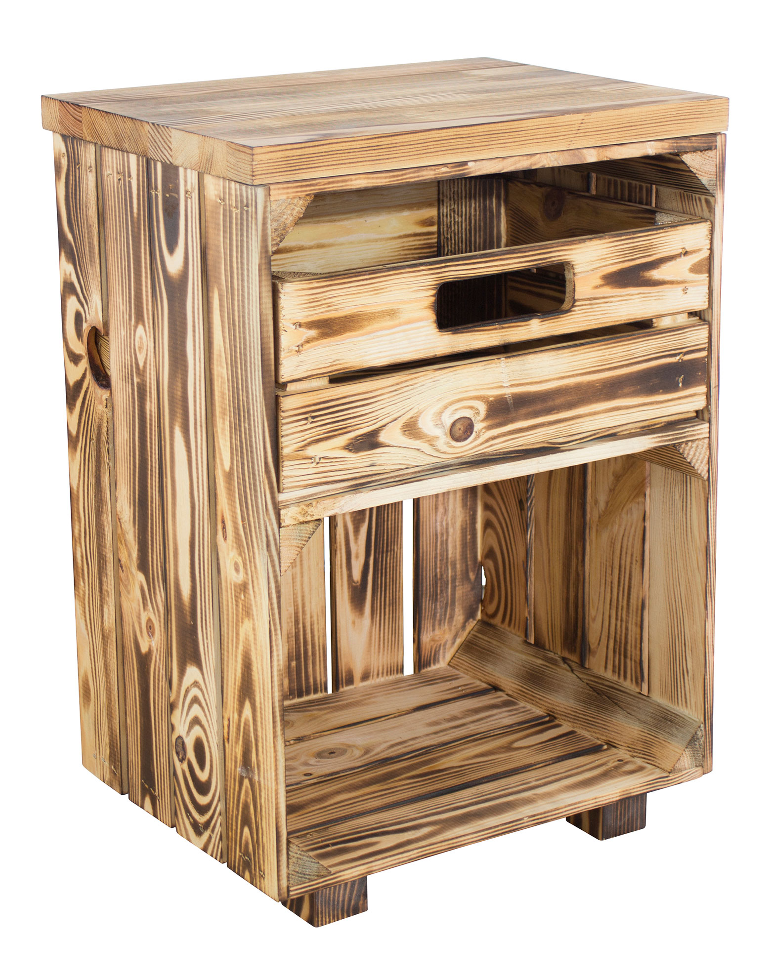 Geflammter Nachttisch mit Schublade und einem geflammten Bohlenbrett auf Holzfüßen, 40x57x30,5 Geflammter Nachttisch mit Schublade und einem geflammten Bohlenbrett auf Holzfüßen, 40x57x30,5