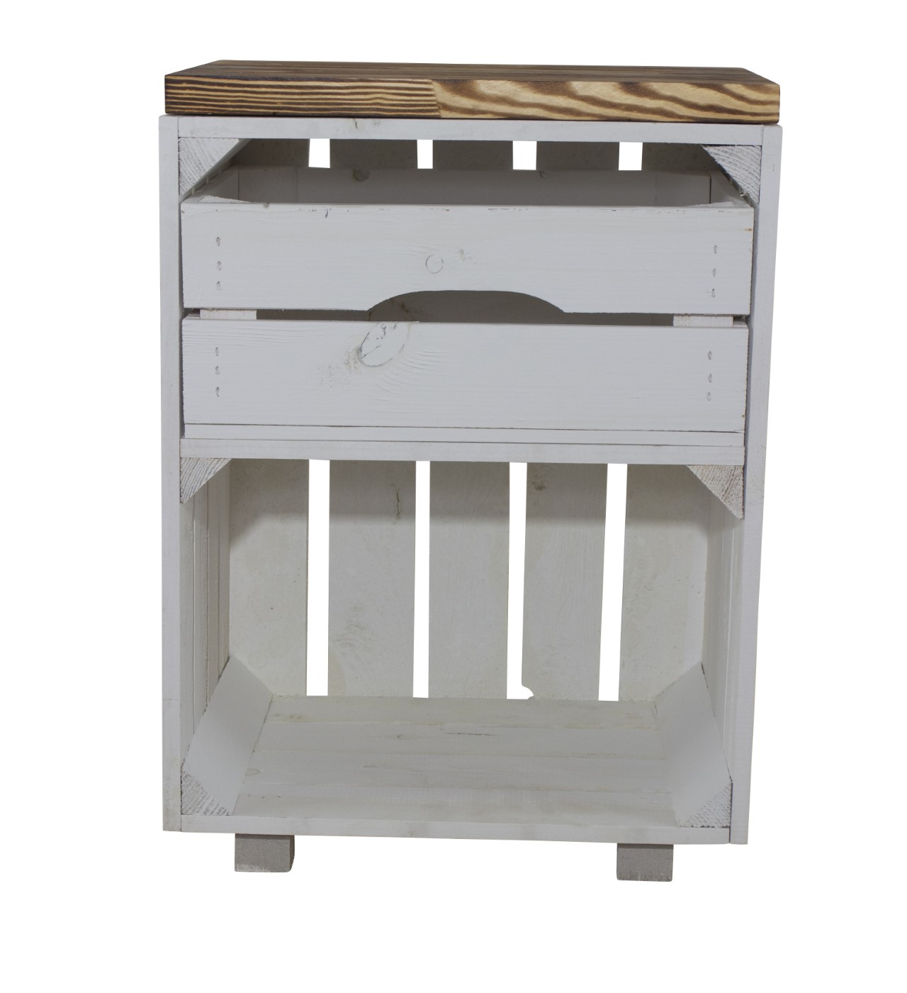 Weißer Nachttisch mit Schublade und geflammtem Bohlenbrett 30,5x40x57cm Weißer Nachttisch mit Schublade und geflammtem Bohlenbrett 30,5x40x57cm