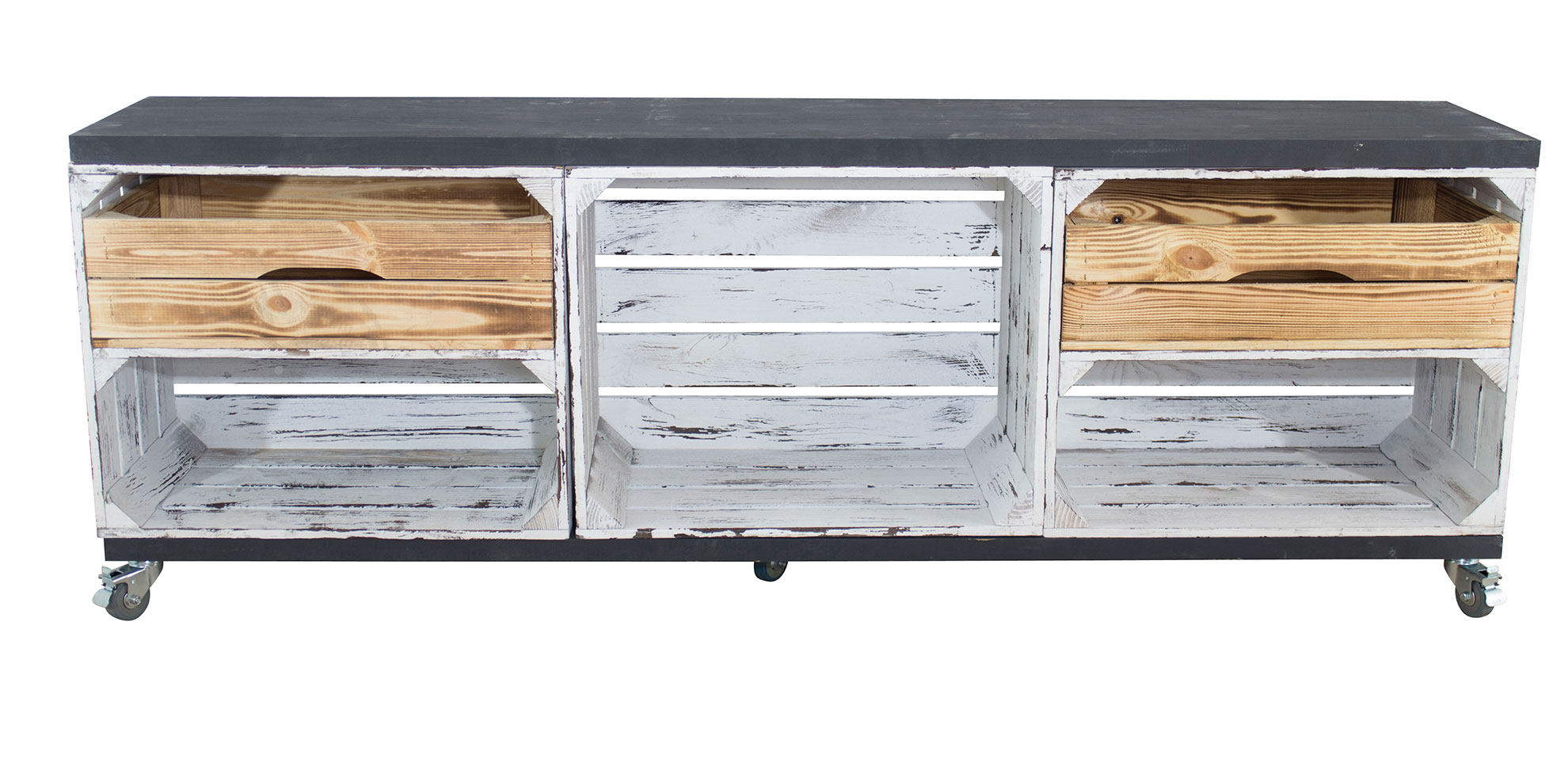 TV Schrank aus 3 Kisten in grau vintage mit 2 geflammten Schubladen mit 2 Bohlenbrettern in Schwarz auf Rollen, 150x53x30