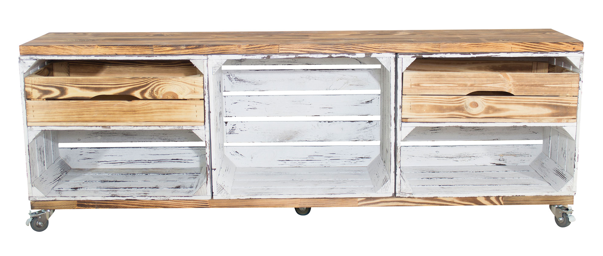 TV Schrank aus 3 Kisten in shabby weiß mit 2 geflammten Schubladen sowie 2 geflammten Bohlenbrettern auf Rollen, 150x53x30