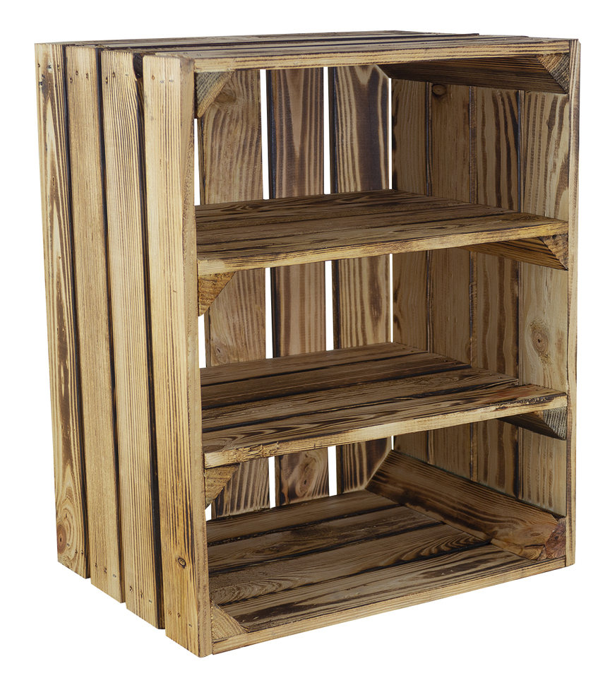 Geflammte Holzkiste mit 2 Mittelbrettern -quer- 50x40x30cm