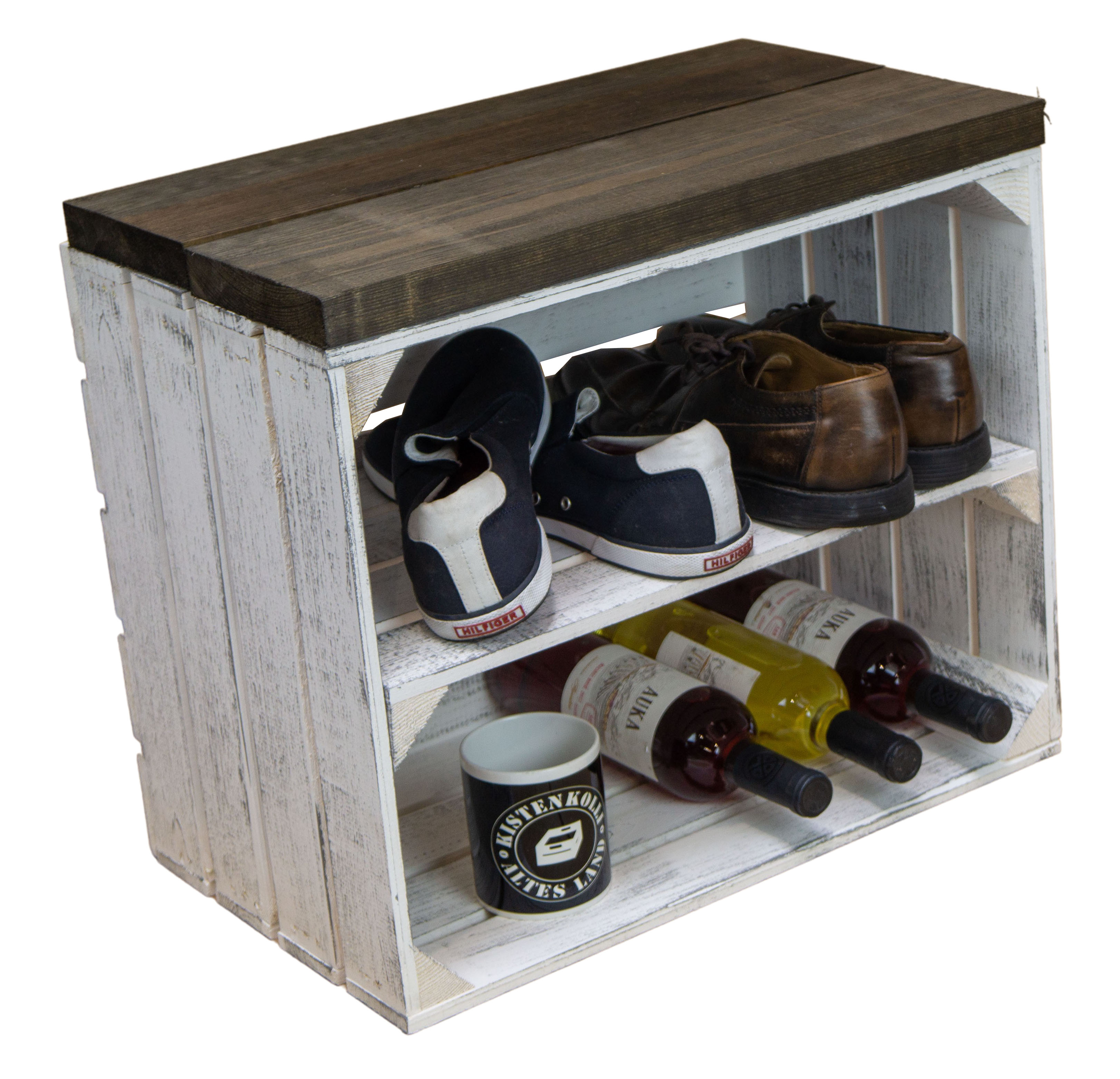 Sitzkiste Johanna - Shabby weiß längs - schwarze Planke