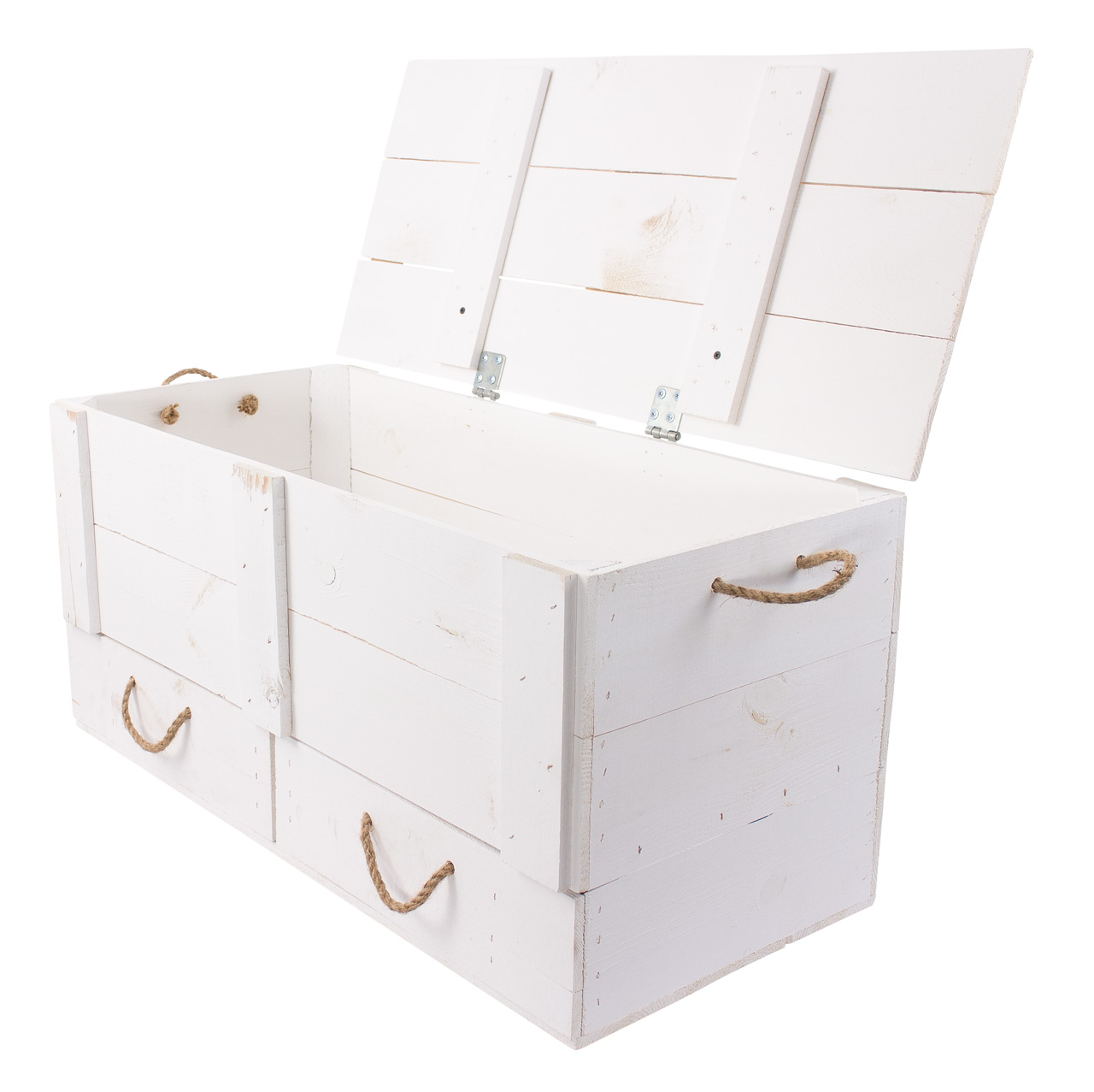 XXL Holztruhe weiß mit 2 Schubladen und Kordel 85 x 39 x 40 cm