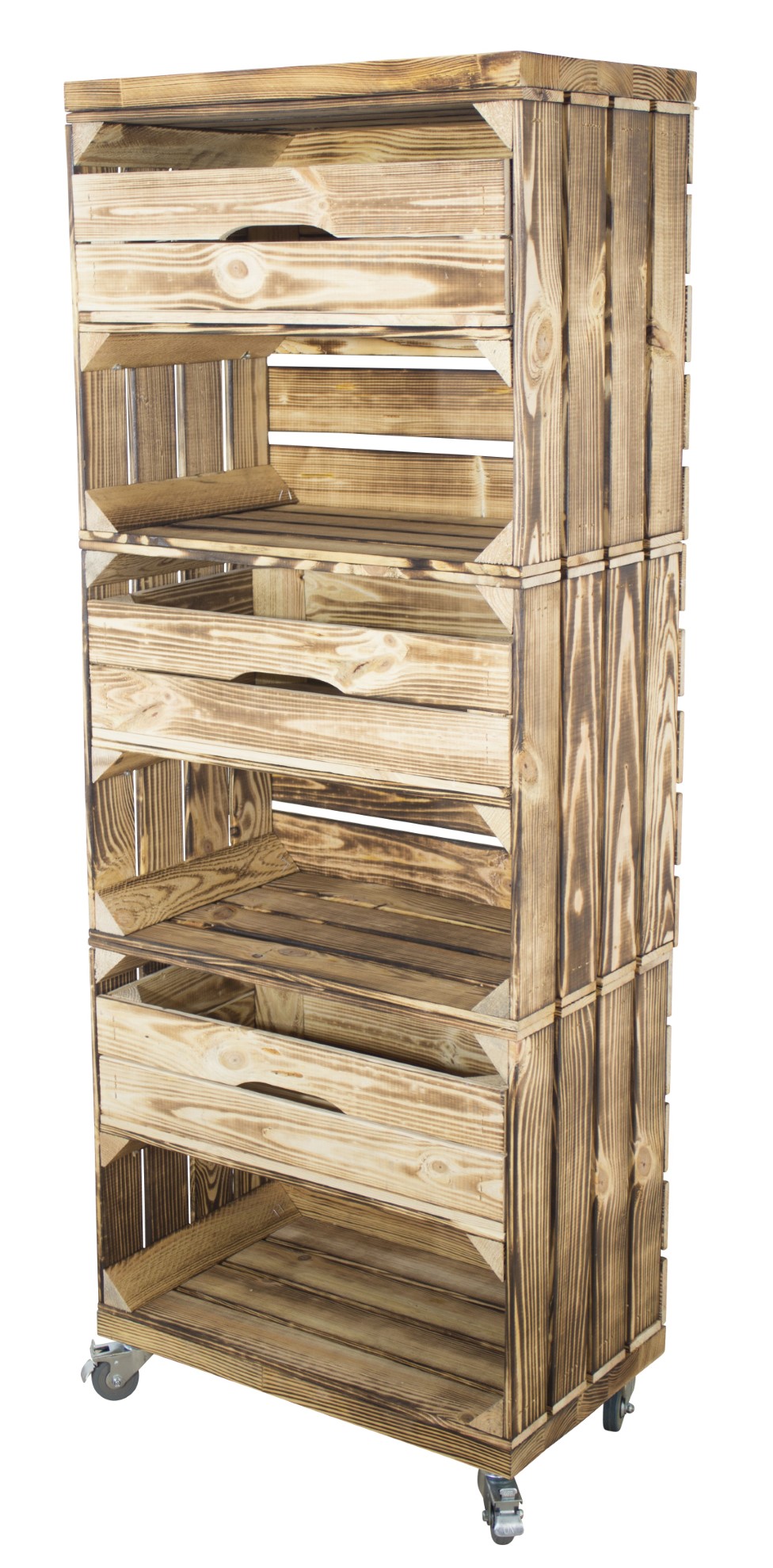 Regal aus drei geflammten Obstkisten mit drei Schubladen und zwei geflammten Bohlenbrettern, auf Rollen 133x50x30cm Regal aus drei geflammten Obstkisten mit drei Schubladen und zwei geflammten Bohlenbrettern, auf Rollen 133x50x30cm