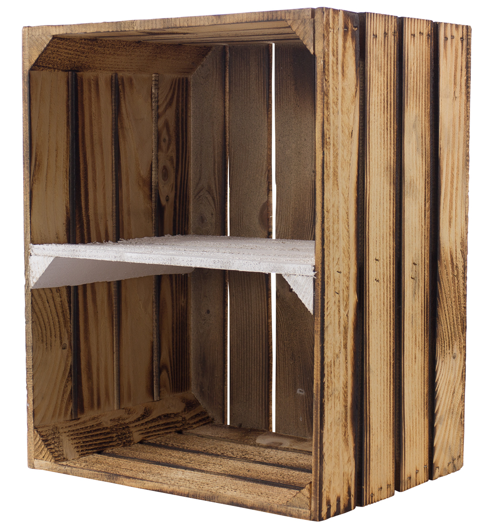 Geflammte Holzkiste mit Mittelbrett in weiß -quer- 50x40x30cm