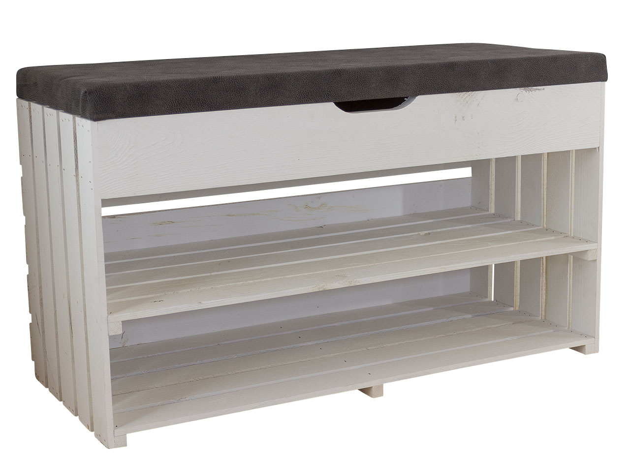 Weiße Sitzbank (Truhe) im Obstkisten Design mit Sitzpolster 90x52x39cm