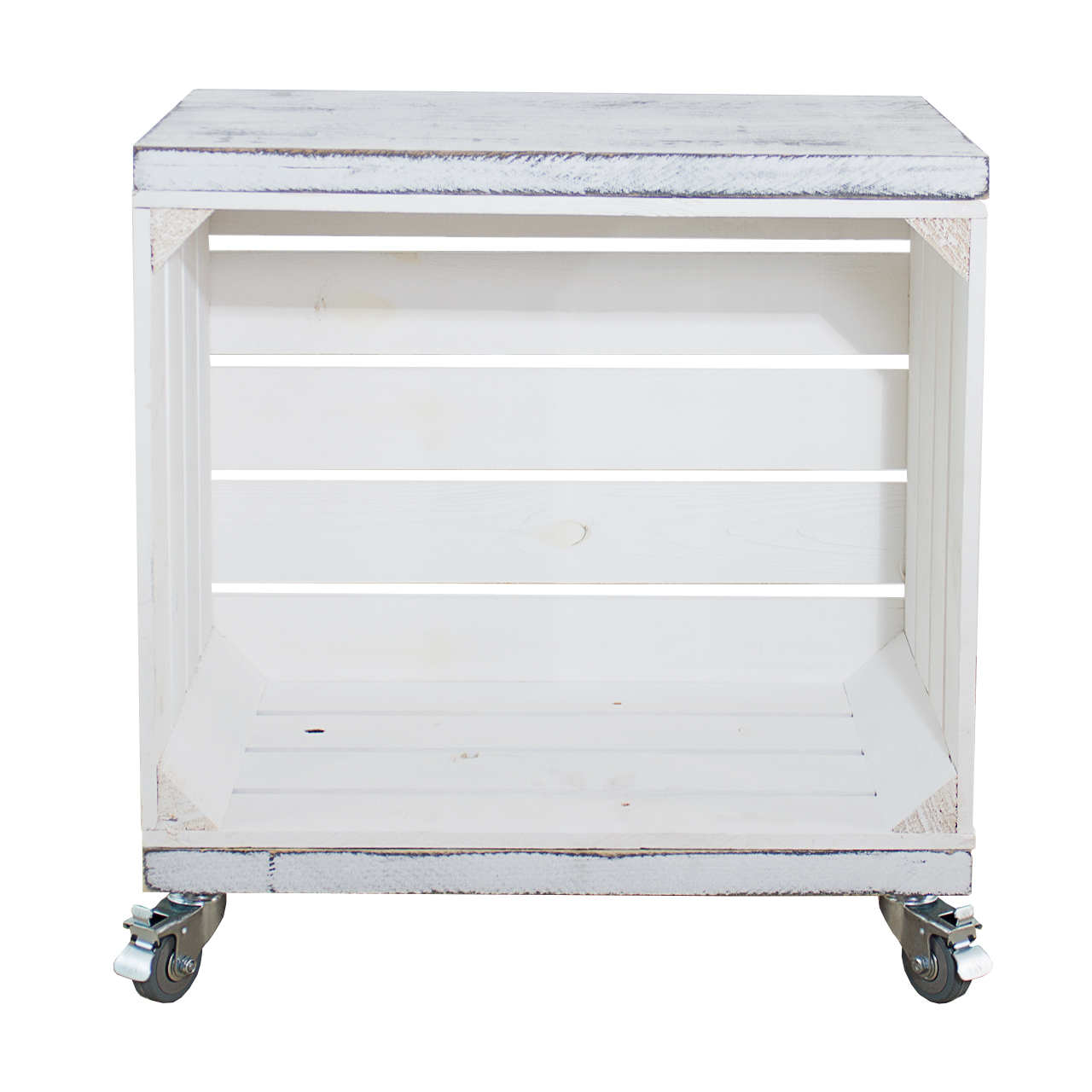 Regal aus weißer Obstkiste mit 2 Bohlenbrettern in grau vintage auf Rollen 53x50x30cm Regal aus weißer Obstkiste mit 2 Bohlenbrettern in grau vintage auf Rollen 53x50x30cm