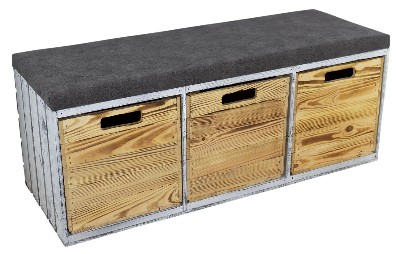 Shabby Sitzbank im Obstkisten Design mit Sitzpolster und 3 Kallax Einschubkisten 105x43x39xcm