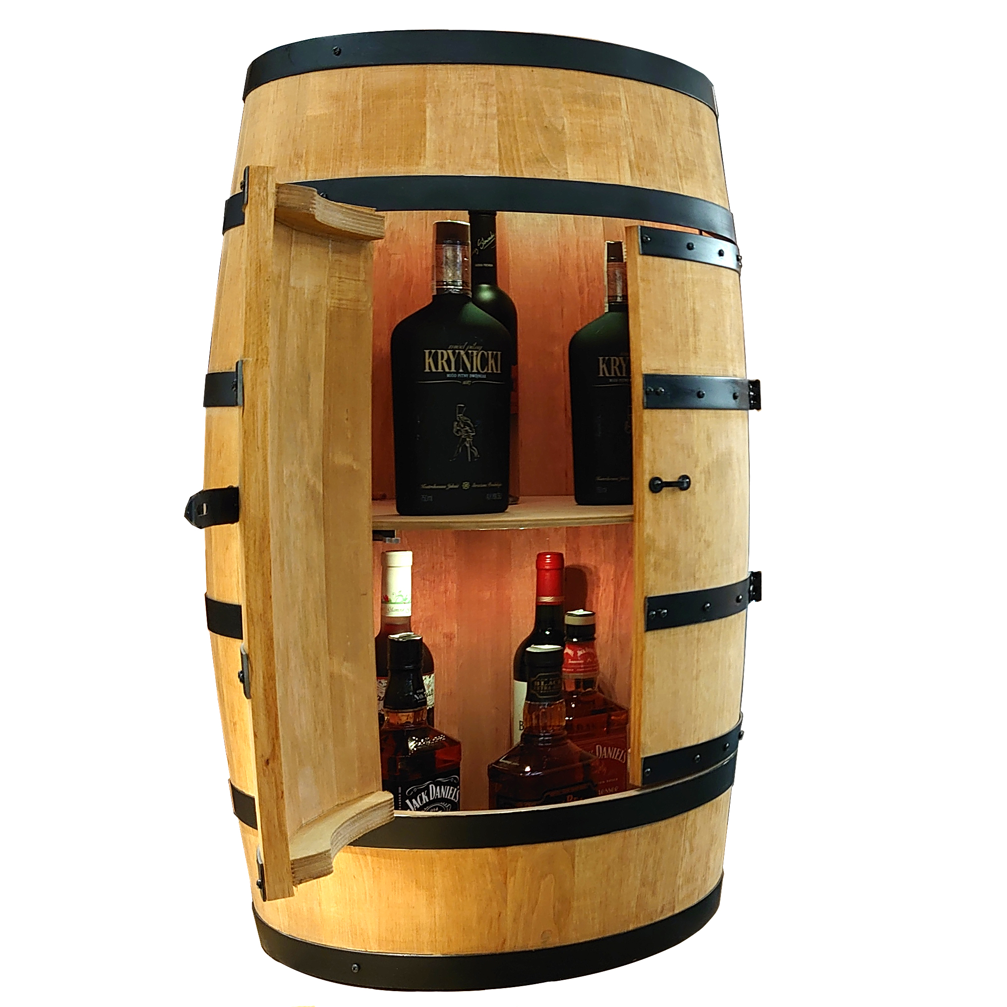 Holzfass mit Türen in heller Eichenoptik Hausbar mit LED – Rustikale Minibar im Weinfass Design – Weinregal & Flaschenständer aus Holz – Vintage Fassbar für Wohnzimmer, Bar oder Partykeller – ca. 80 cm #1 LED Einfarbig