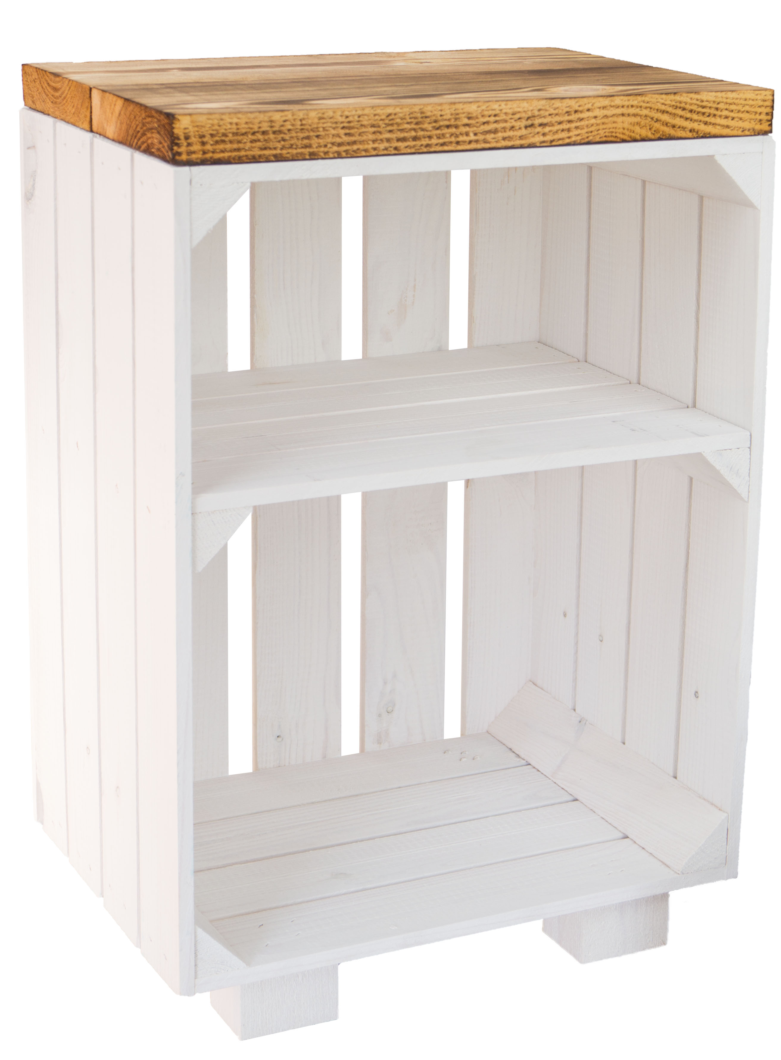 Nachttisch weiss mit geflammten Holzplanken mit Mittelbrett weiss