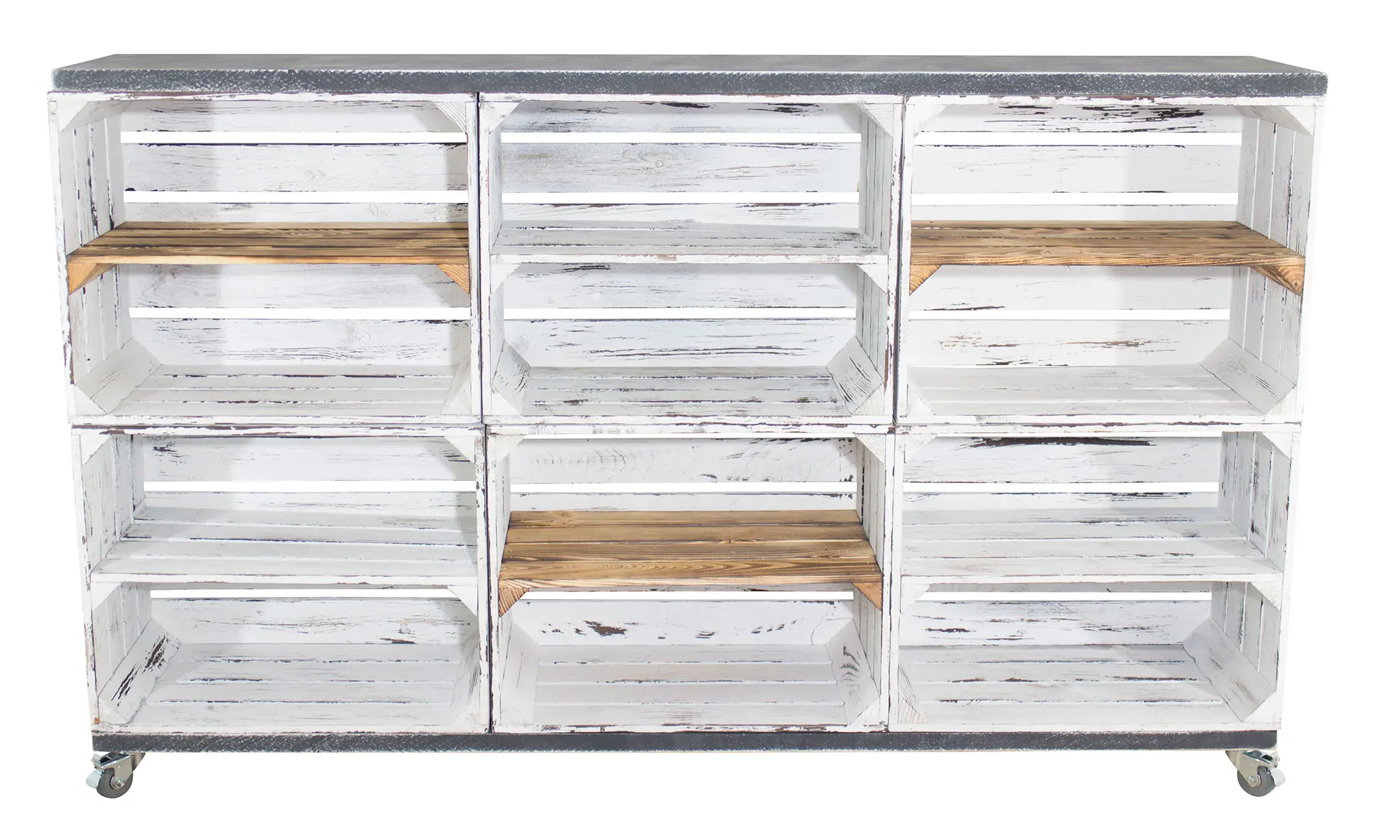 Kommode aus 6 Kisten in grau vintage mit 3 geflammten Mittelbrettern und 2 Bohlenbrettern in shabby schwarz auf Rollen, 150x93x30 Kommode aus 6 Kisten in grau vintage mit 3 geflammten Mittelbrettern und 2 Bohlenbrettern in shabby schwarz auf Rollen, 150x93x30