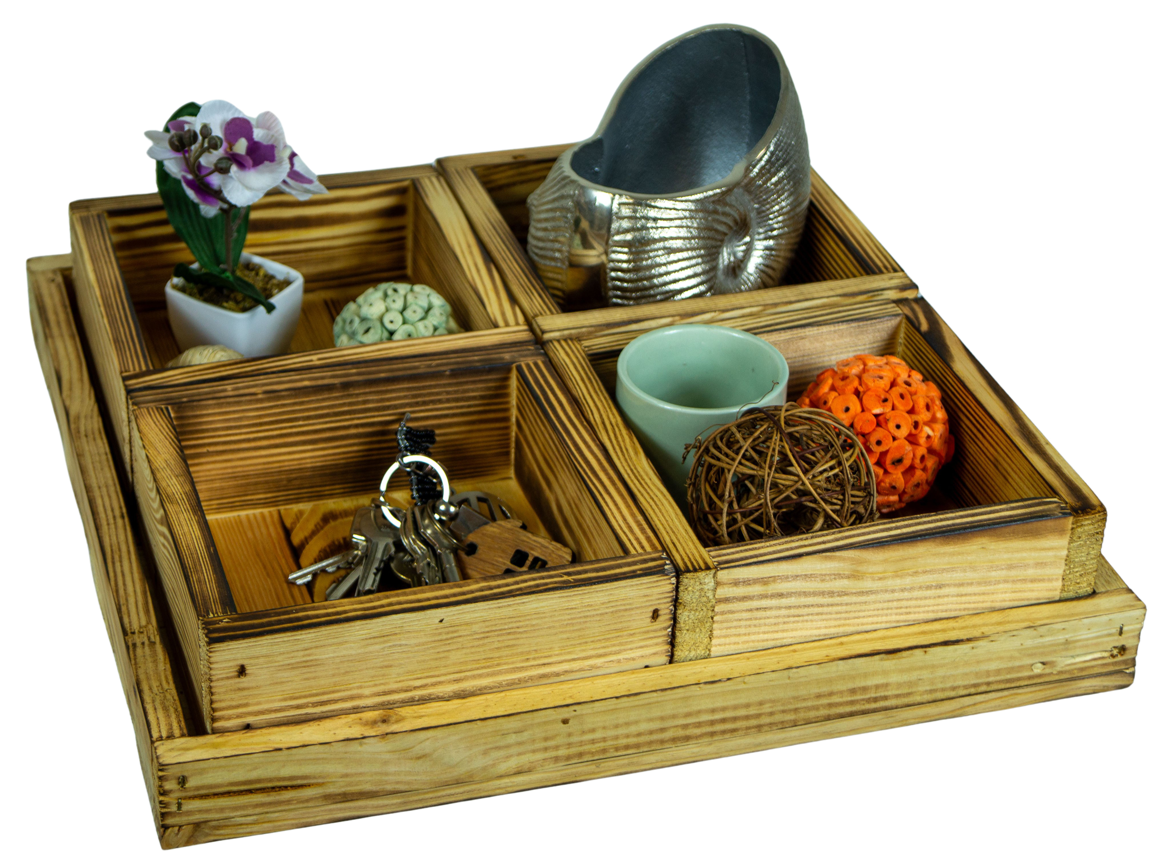 Kleines Dekotablett-Set aus 5 Holzkisten 40x40cm 8cm Höhe Kleines Dekotablett-Set aus 5 Holzkisten 40x40cm 8cm Höhe