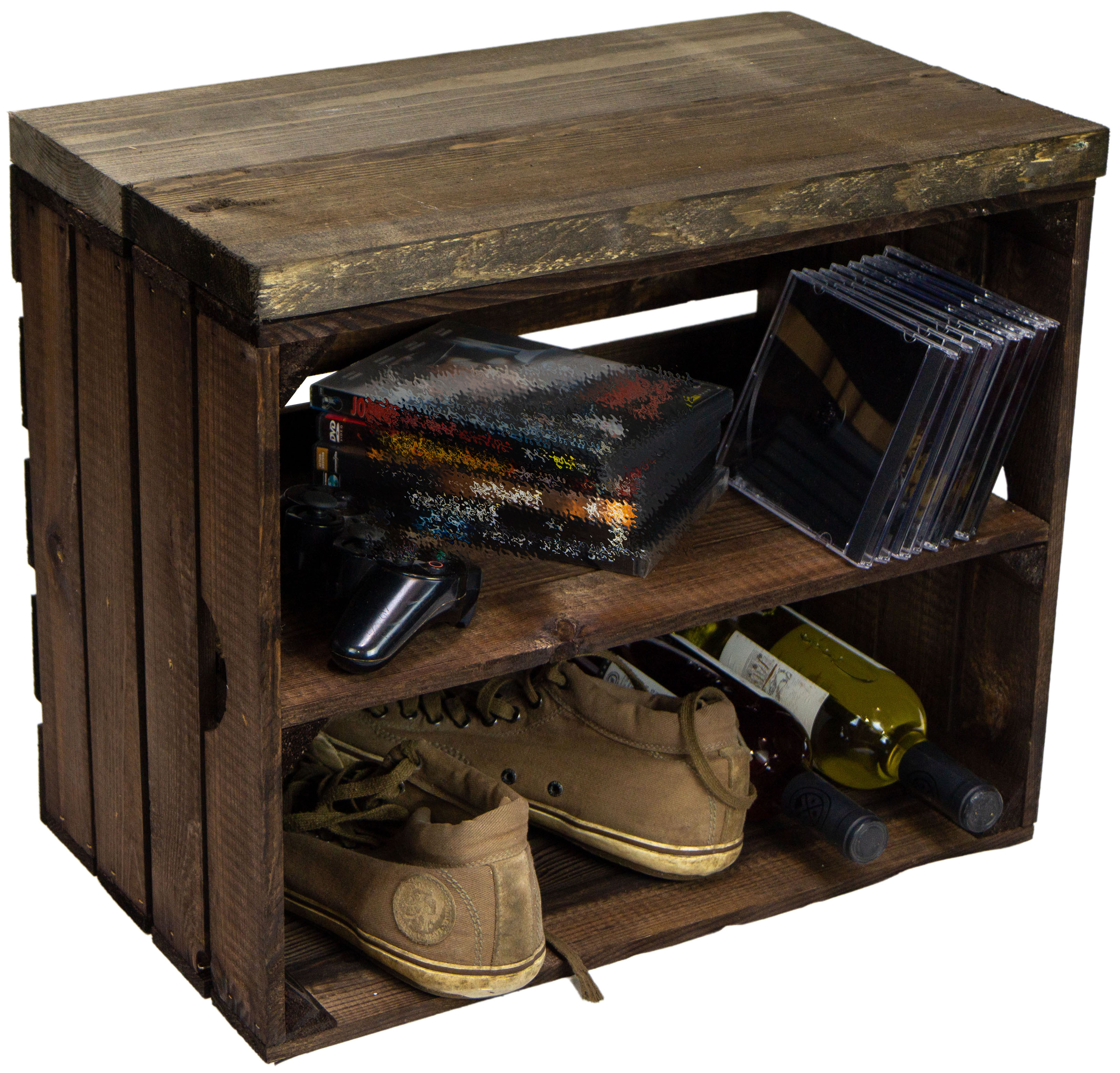 Sitzkiste Johanna - dunkel Längs - mit Planke schwarze Planke Sitzkiste Johanna - dunkel Längs - mit Planke schwarze Planke