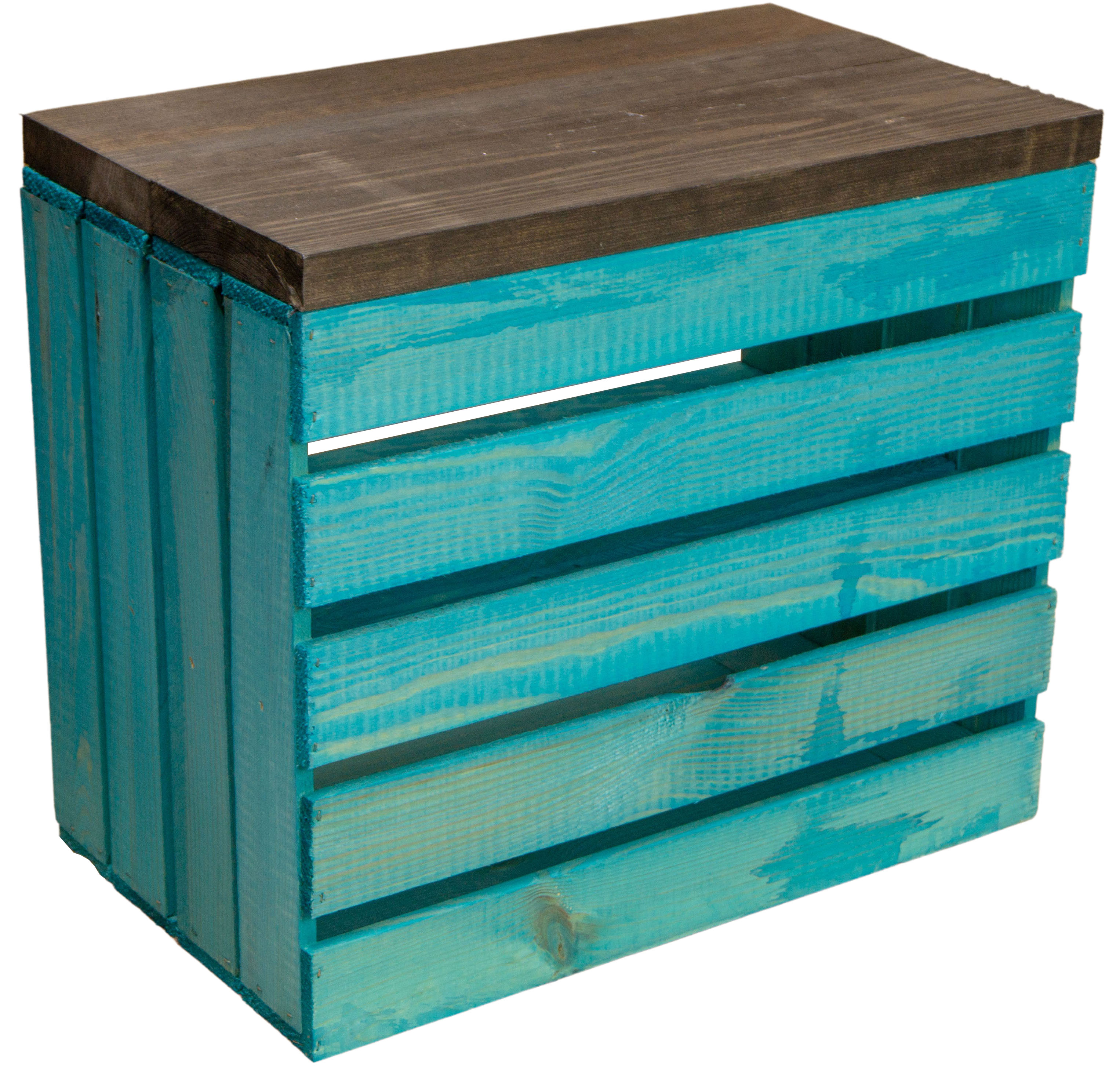 Sitzkiste Johanna - Türkis längs - mit Planke dunkler Planke