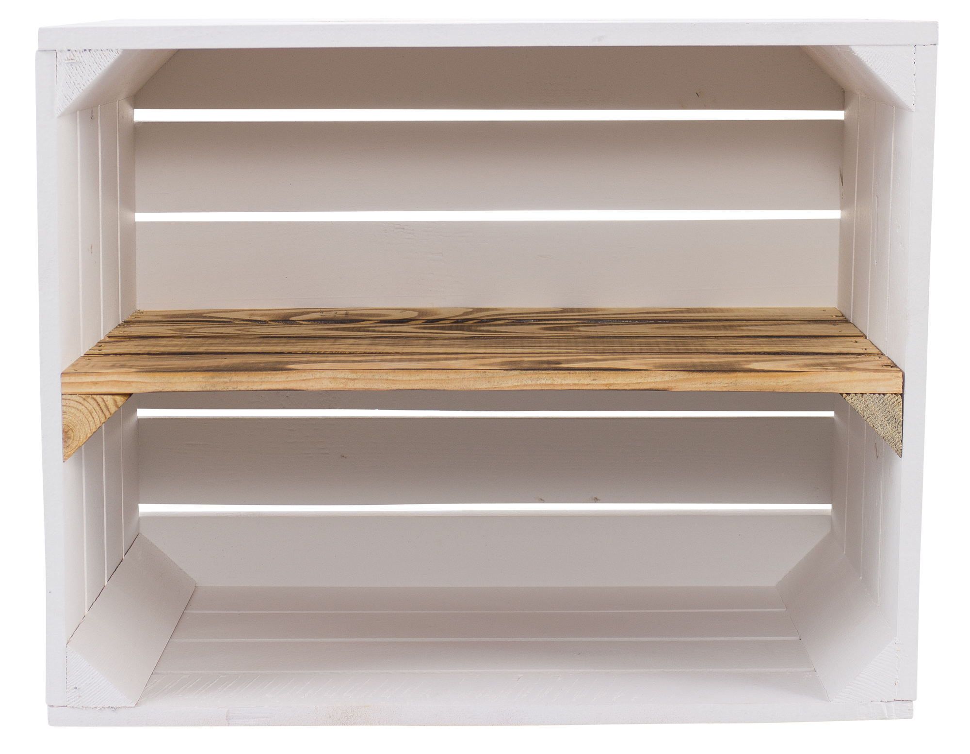 Weiße Holzkiste mit geflammtem Mittelbrett -längs- 50x40x30cm 4x weiße Holzkiste mit geflammtem Mittelbrett -längs- 50x40x30cm