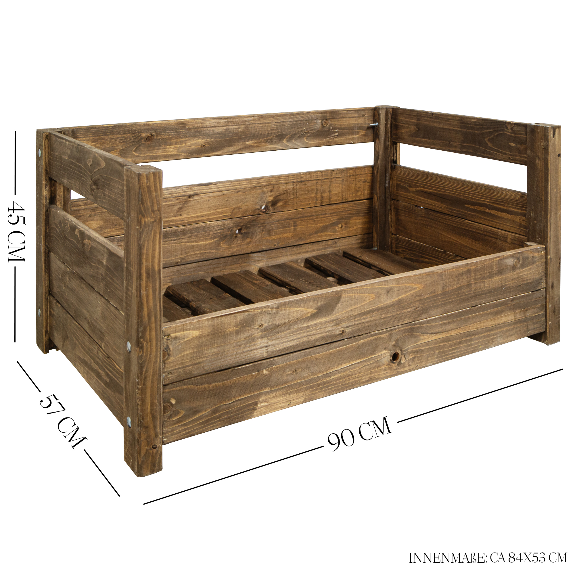 Hundebett Charly – Massivholz in Natur, Braun oder Geflammt 90x57x45cm Braun ohne Kissen