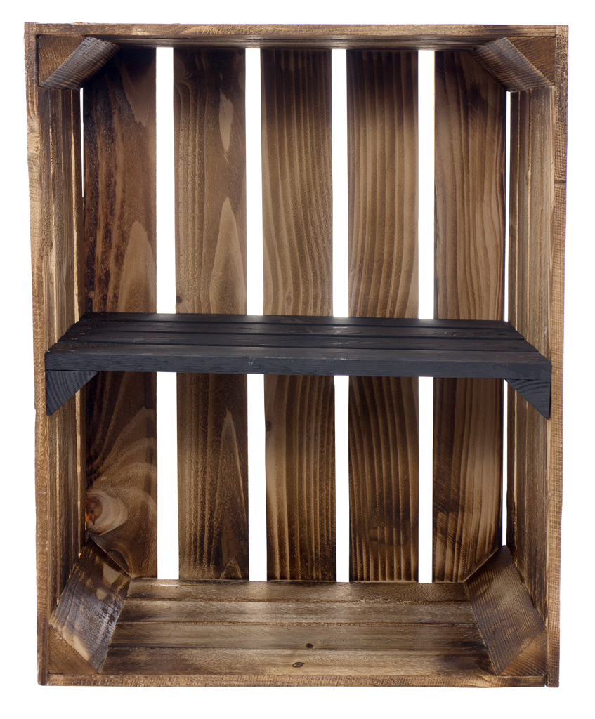 Geflammte Holzkiste mit schwarzem Mittelbrett 50x40x30cm Geflammte Holzkiste mit schwarzem Mittelbrett 50x40x30cm