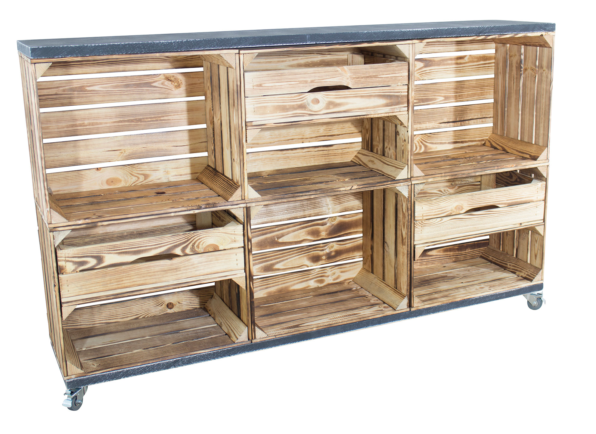 Kommode/ Raumtrenner aus 6 geflammten Kisten und 2 Bohlenbrettern in shabby schwarz auf Rollen, 150x93x30 Kommode/ Raumtrenner aus 6 geflammten Kisten und 2 Bohlenbrettern in shabby schwarz auf Rollen, 150x93x30