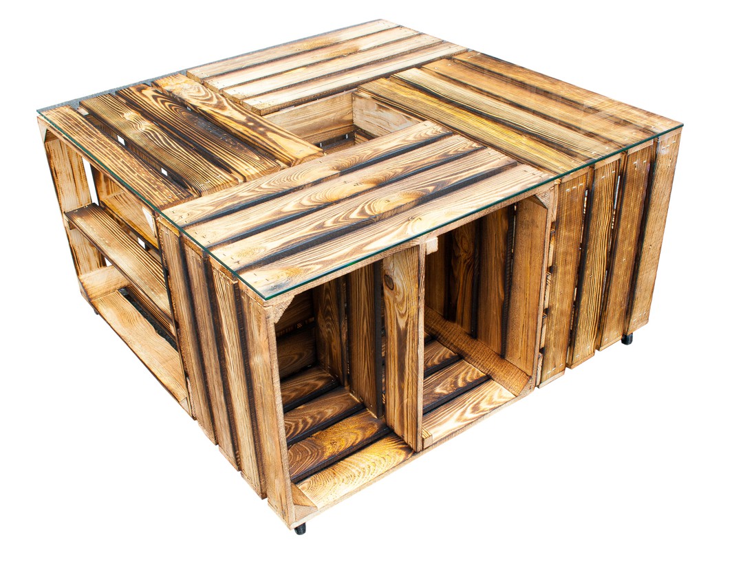 Tisch aus geflammten Schuhkisten - ohne Glas - 81x81x44cm