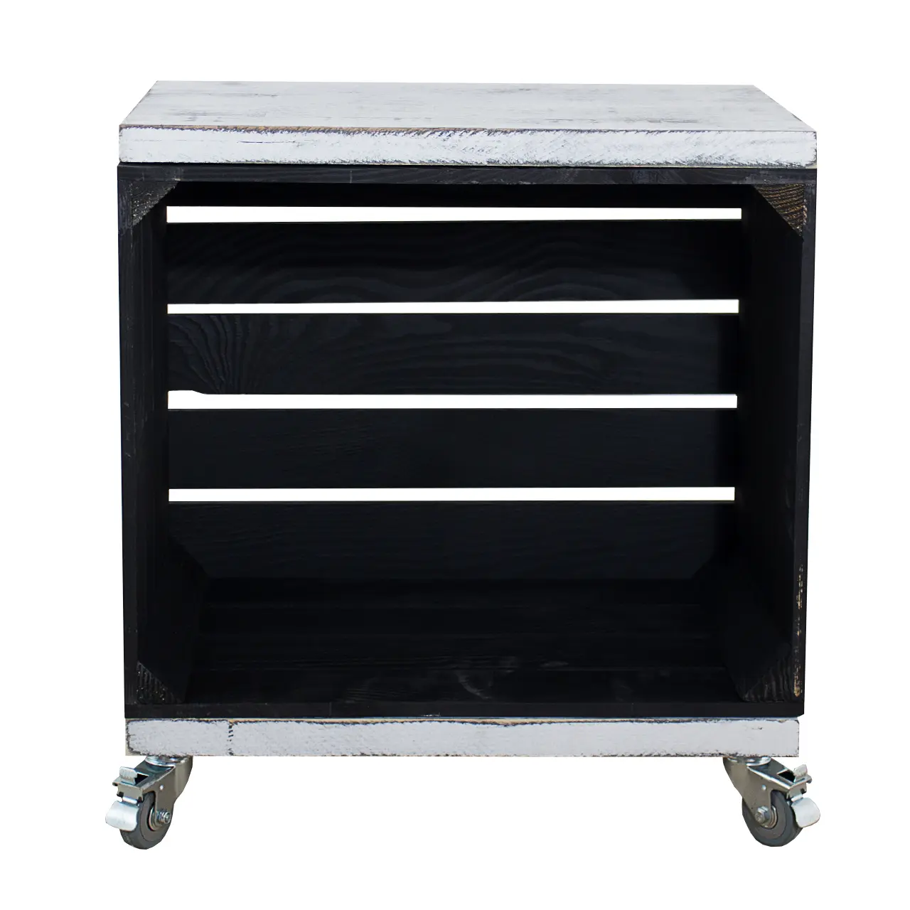 Regal aus einer schwarzen Obstkiste mit 2 Bohlenbrettern in shabby weiß auf Rollen 53x50x30cm Regal aus einer schwarzen Obstkiste mit 2 Bohlenbrettern in shabby weiß auf Rollen 53x50x30cm