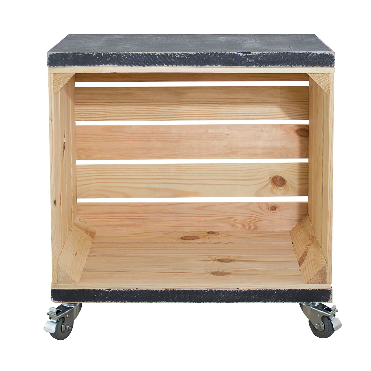 Regal aus einer Obstkiste in natur mit 2 Bohlenbrettern in vintage grau auf Rollen 53x50x30cm Regal aus einer Obstkiste in natur mit 2 Bohlenbrettern in vintage grau auf Rollen 53x50x30cm