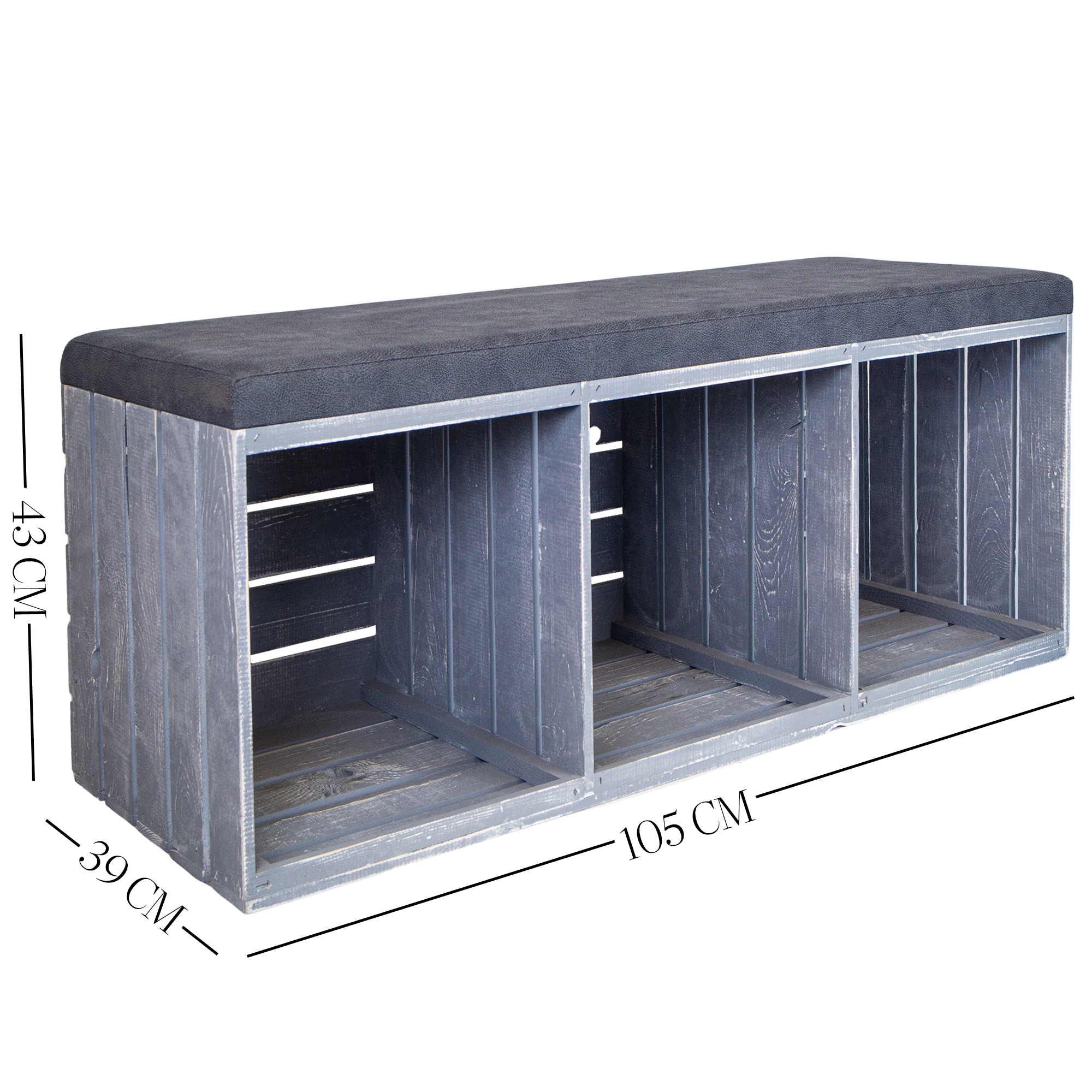 Sitzbank grau mit Polster 3 Fächern / Regalablagen