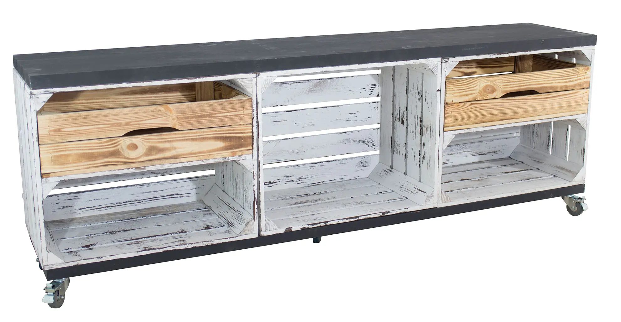 TV Schrank aus 3 Kisten in grau vintage mit 2 geflammten Schubladen mit 2 Bohlenbrettern in Schwarz auf Rollen, 150x53x30