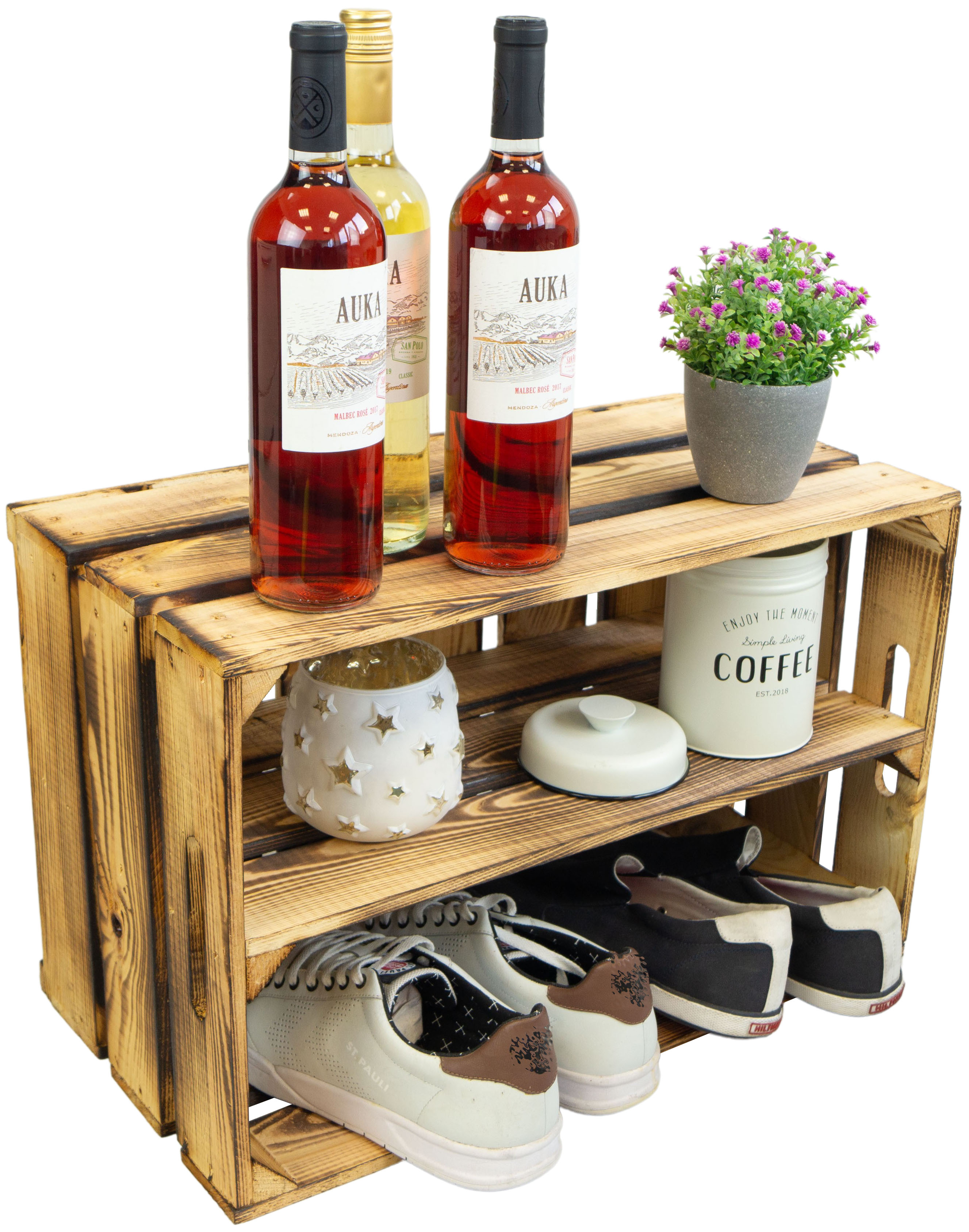 Holzkiste Elfriede geflammt mit Mittelbrett längs 54x30x35cm Holzkiste Elfriede geflammt mit Mittelbrett längs 54x30x35cm