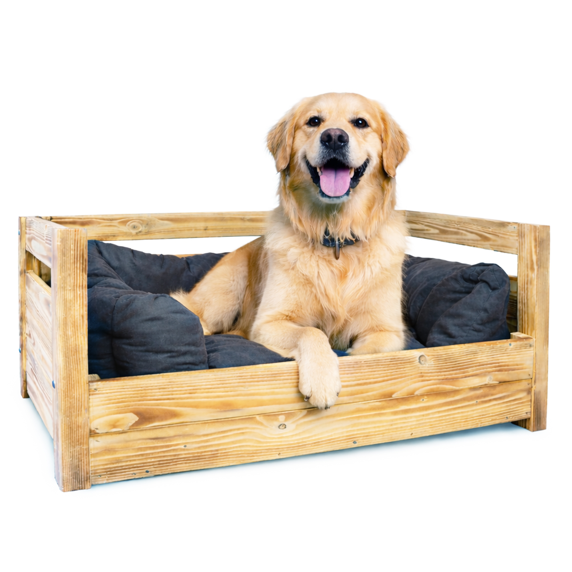 Hundebett Charly – Massivholz in Natur, Braun oder Geflammt 90x57x45cm Gefammt ohne Kissen