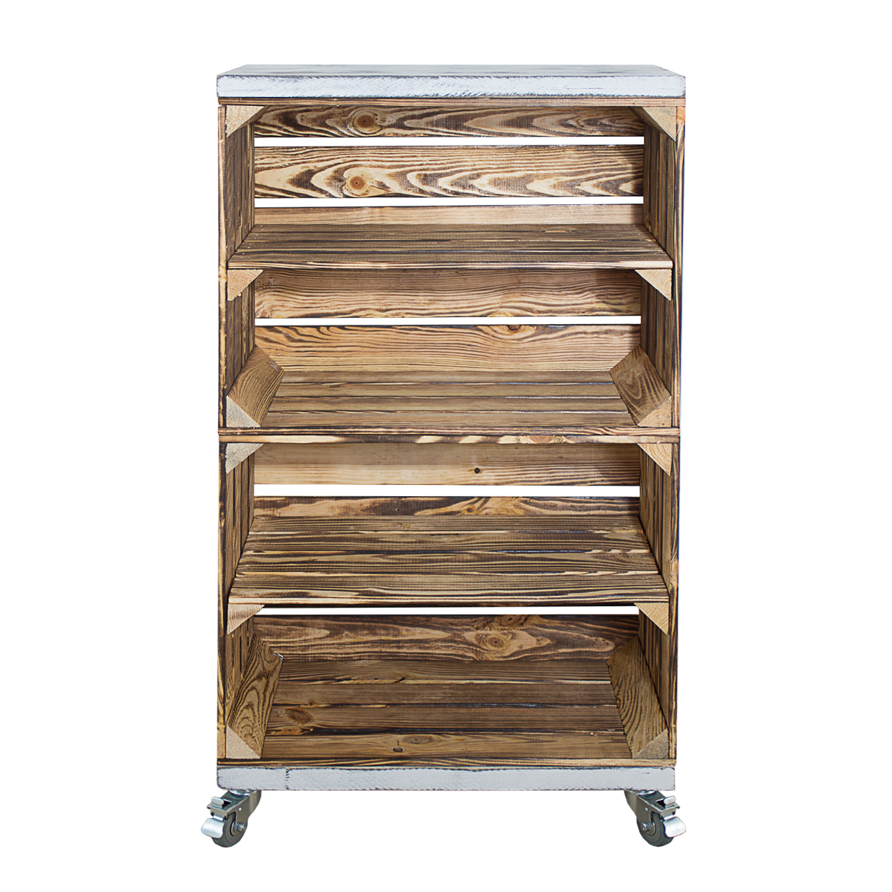 Regal aus 2 geflammten Obstkisten mit 2 Bohlenbrettern in Shabby Weiß auf Rollen 93x50x30cm Regal aus 2 geflammten Obstkisten mit 2 Bohlenbrettern in Shabby Weiß auf Rollen 93x50x30cm