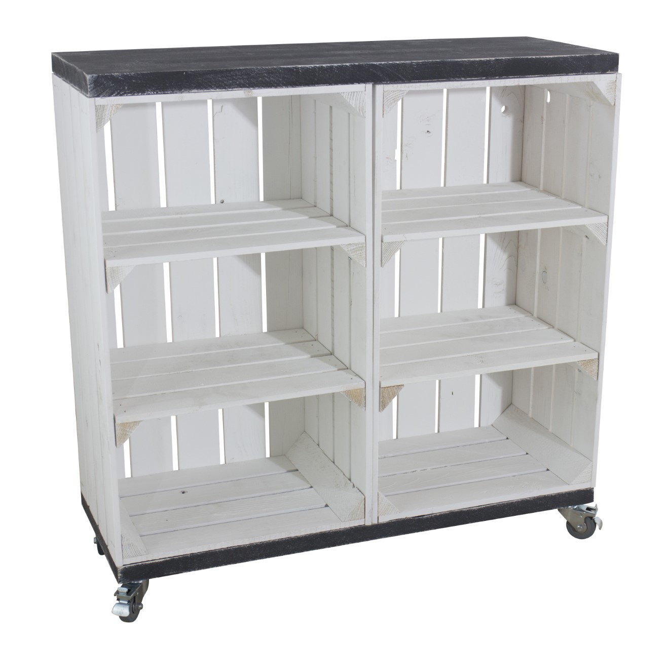 Kommode aus 2 weißen Obstkisten mit 4 Mittelbrettern sowie 2 Bohlenbrettern in Schwarz, auf Rollen 81x80x30cm