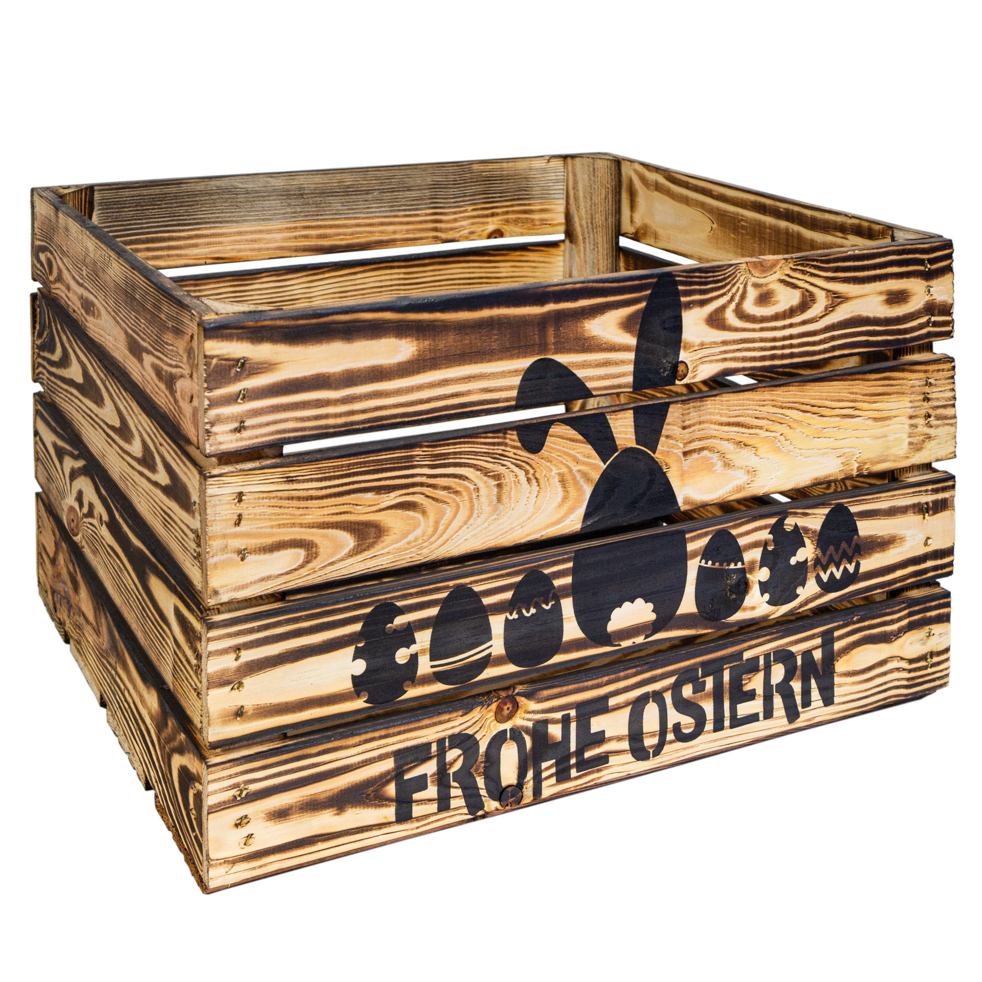Holzkiste Johanna mit Ostermotiv Frohe Ostern (Hase und Eier) 50 x 40 x 30 cm – Osterdeko Geflammt Osterkiste (Hase und Eier)