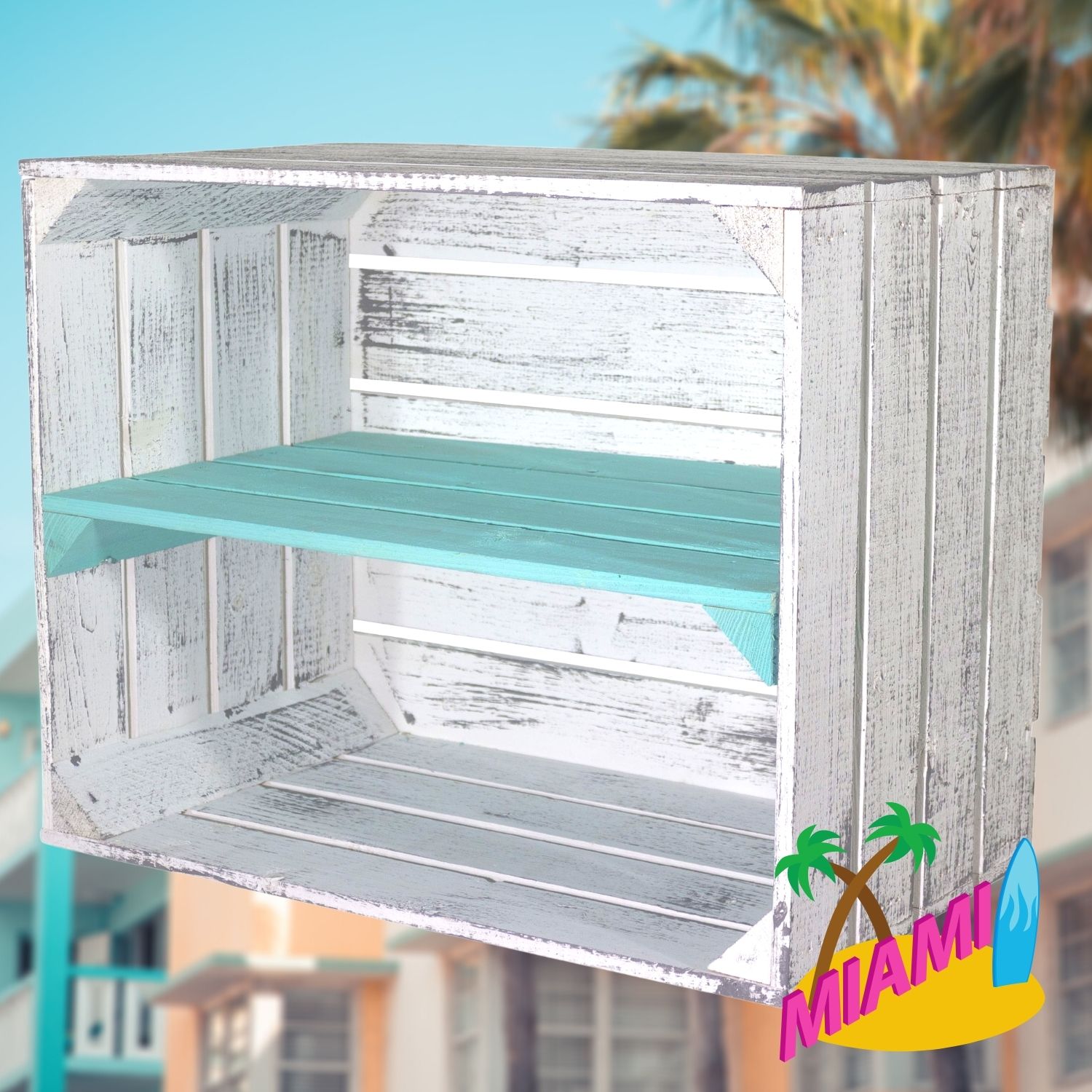 Shabby graue Obstkiste mit türkisem Mittelbrett 50 x 40 x 30cm Shabby graue Obstkiste mit türkisem Mittelbrett 50 x 40 x 30cm