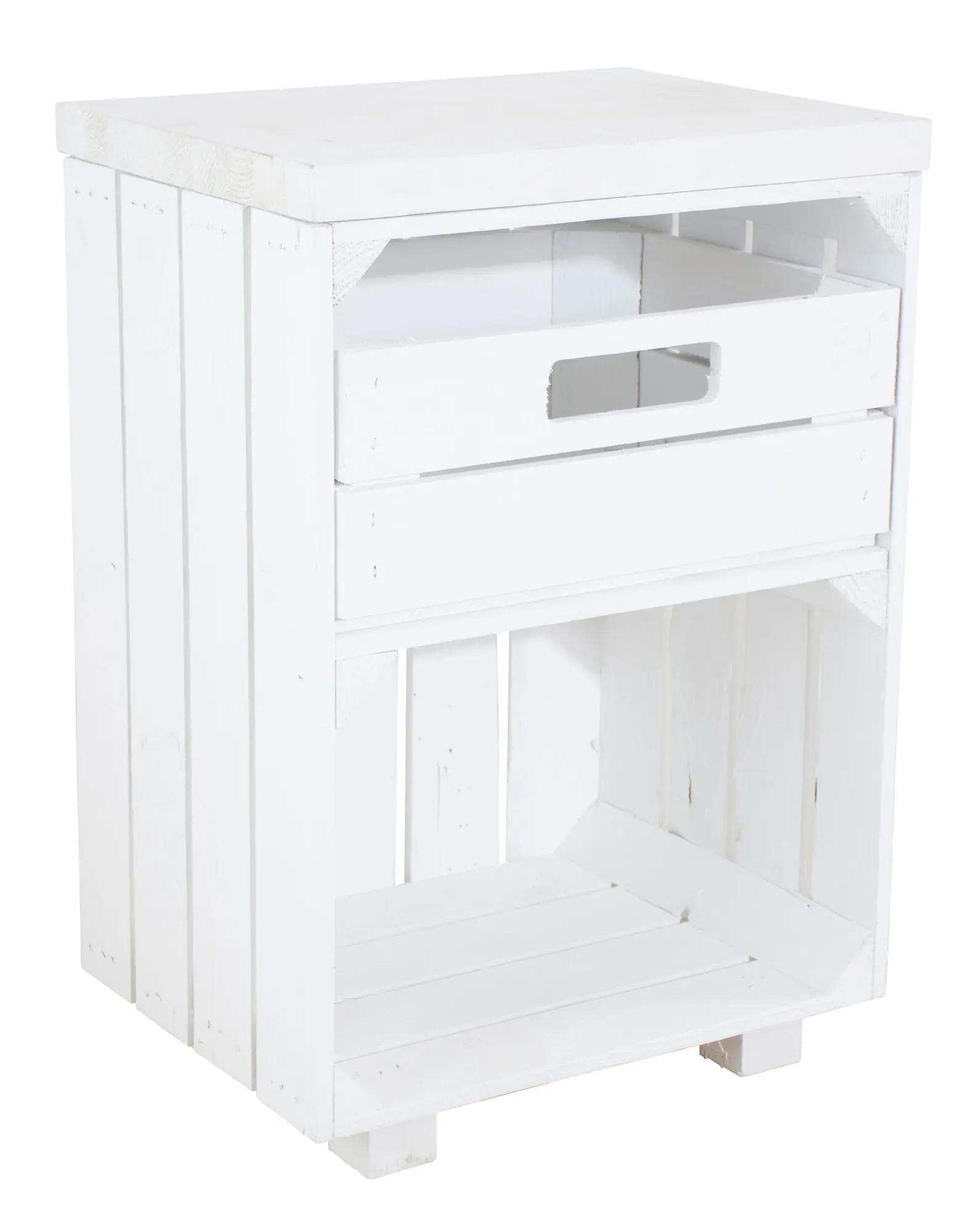 Nachttisch in weiß mit Schublade und Bohlenbrett in weiß auf Füßen 40x57x30