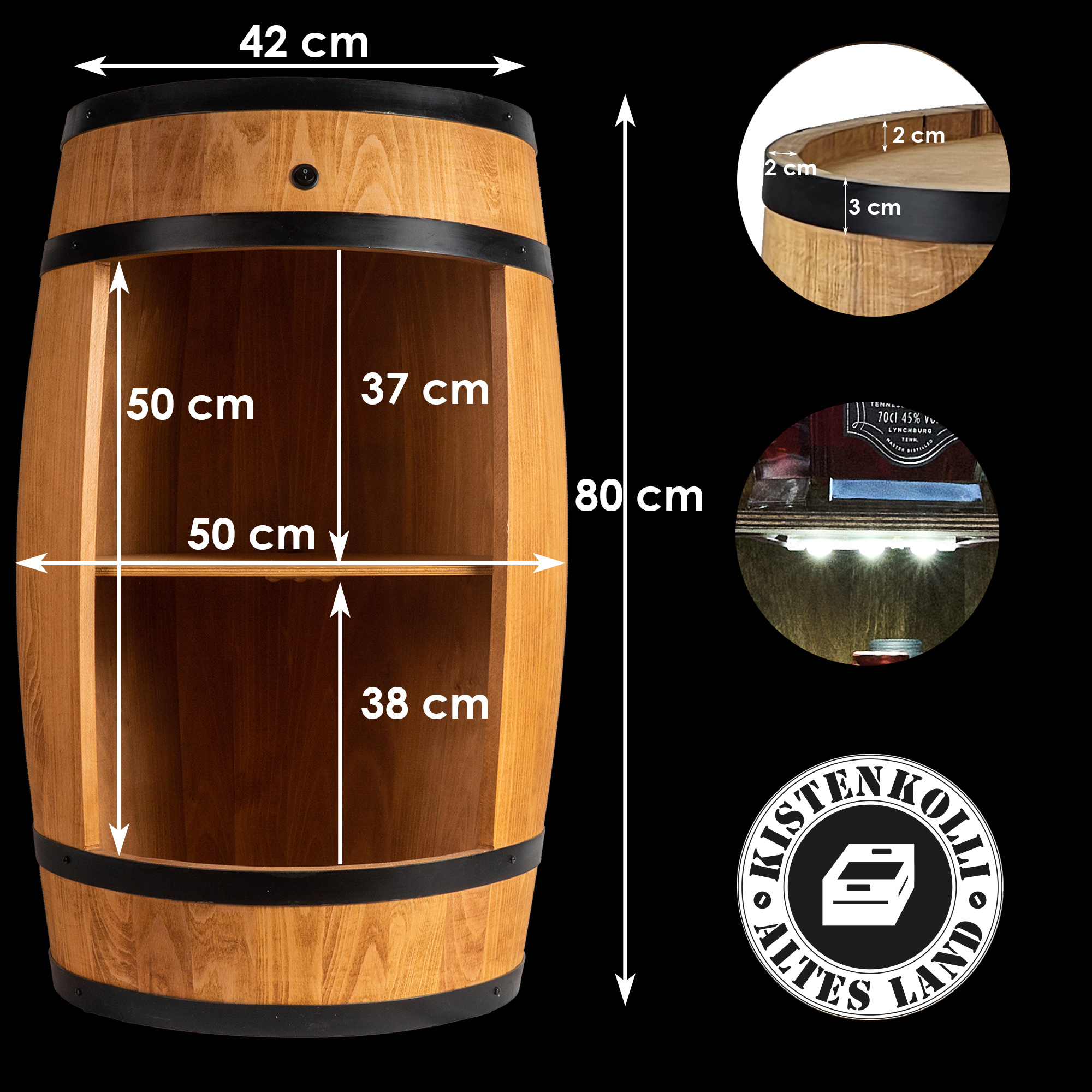 Holzfass in heller Eichenoptik Hausbar mit LED – Rustikale Minibar im Weinfass Design – Weinregal & Flaschenständer aus Holz – Vintage Fassbar für Wohnzimmer, Bar oder Partykeller – ca. 80 cm LED Einfarbig