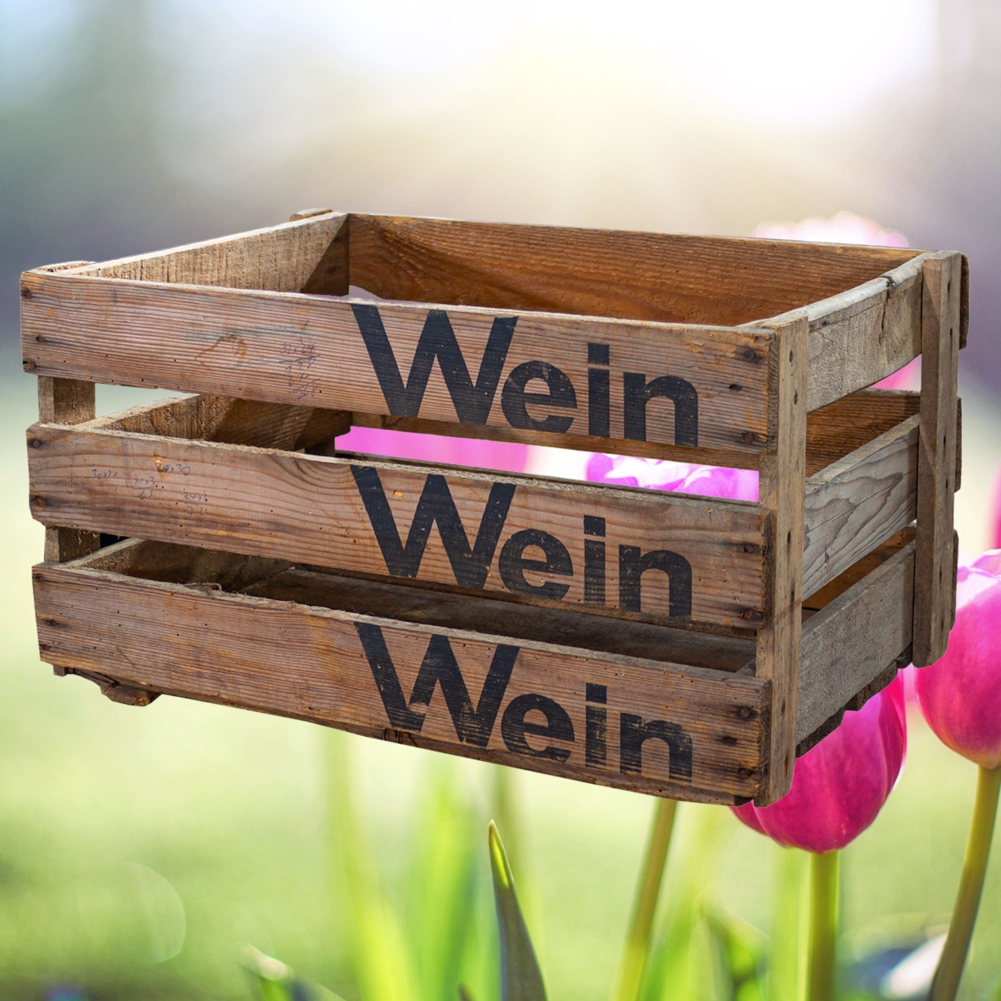 Dunkle Badische Weinkiste "Wein Wein Wein" 50x35x28 cm