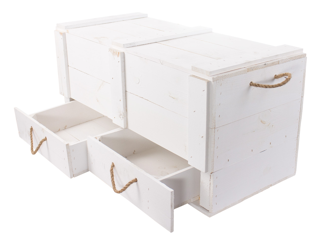 XXL Holztruhe weiß mit 2 Schubladen und Kordel 85 x 39 x 40 cm