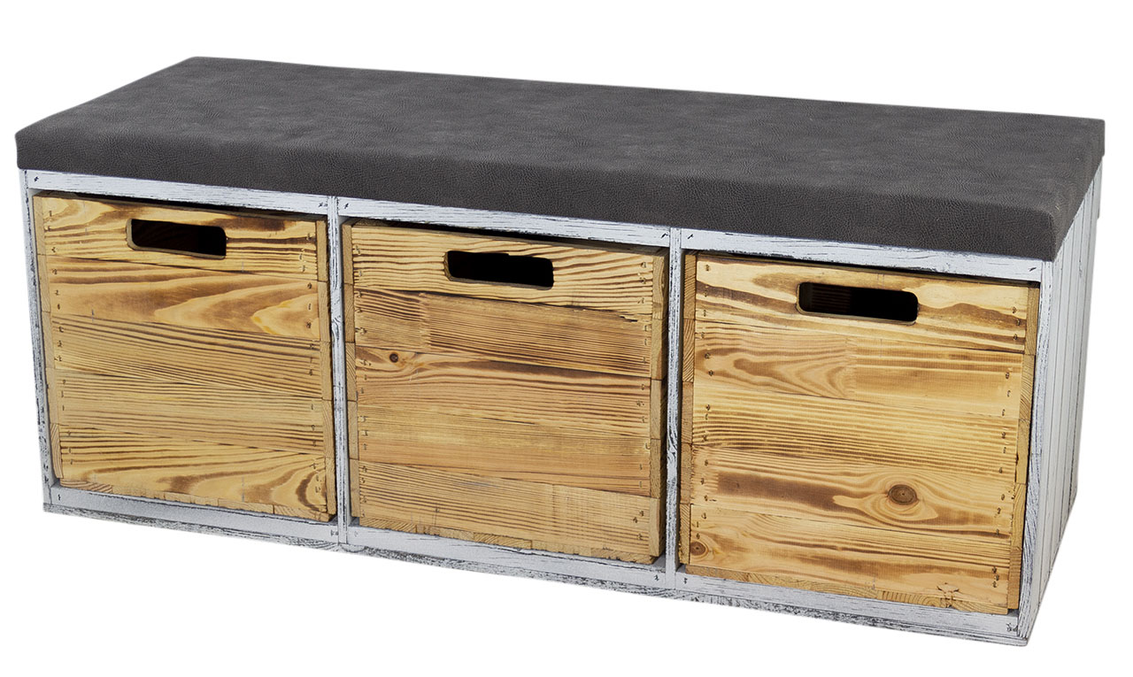 Shabby Sitzbank im Obstkisten Design mit Sitzpolster und 3 Kallax Einschubkisten 105x43x39xcm Shabby Sitzbank im Obstkisten Design mit Sitzpolster und 3 Kallax Einschubkisten 105x43x39xcm
