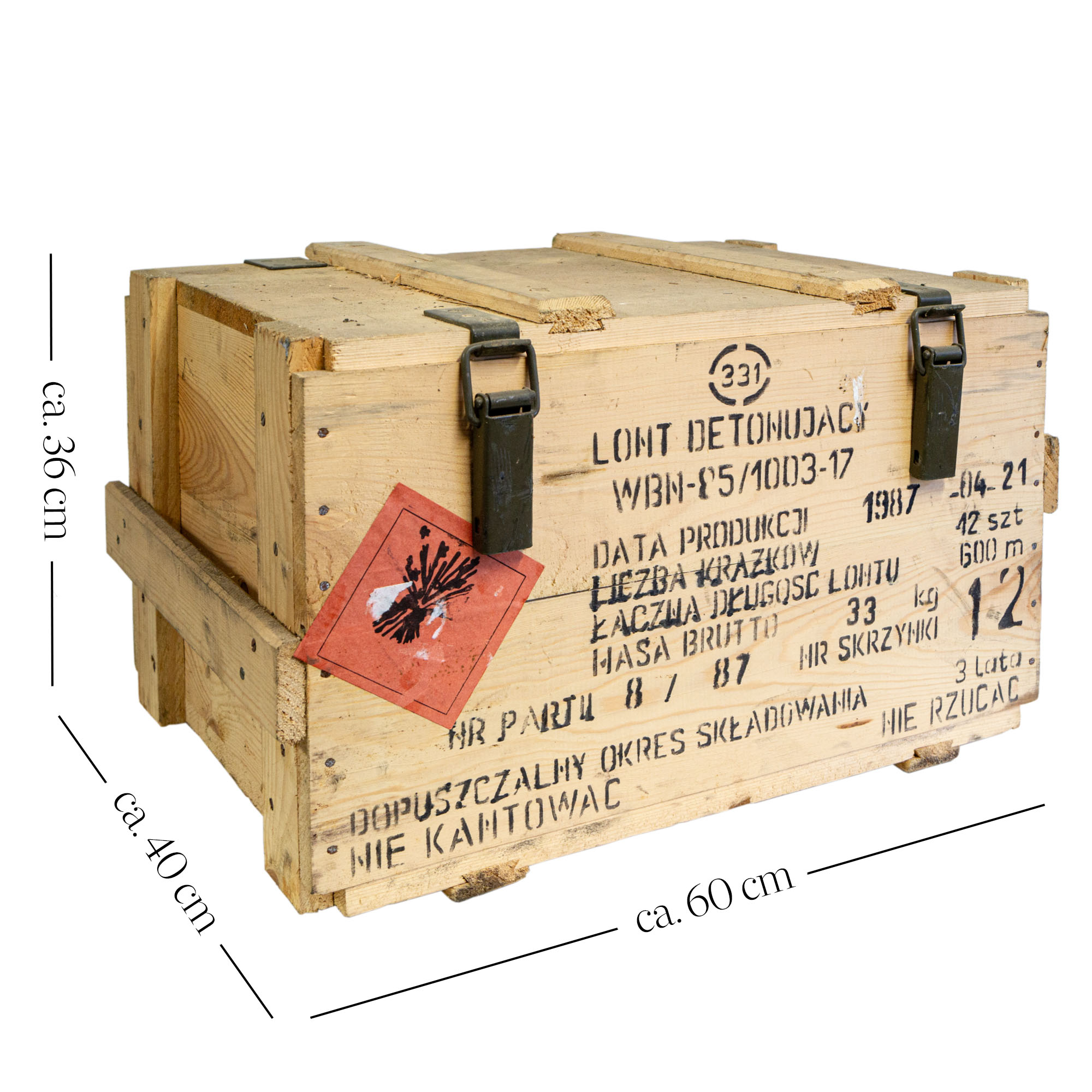 Vintage Frachtkiste WBN-85 Holz 60x40x36 cm Transportkiste Truhe Metallbeschläge