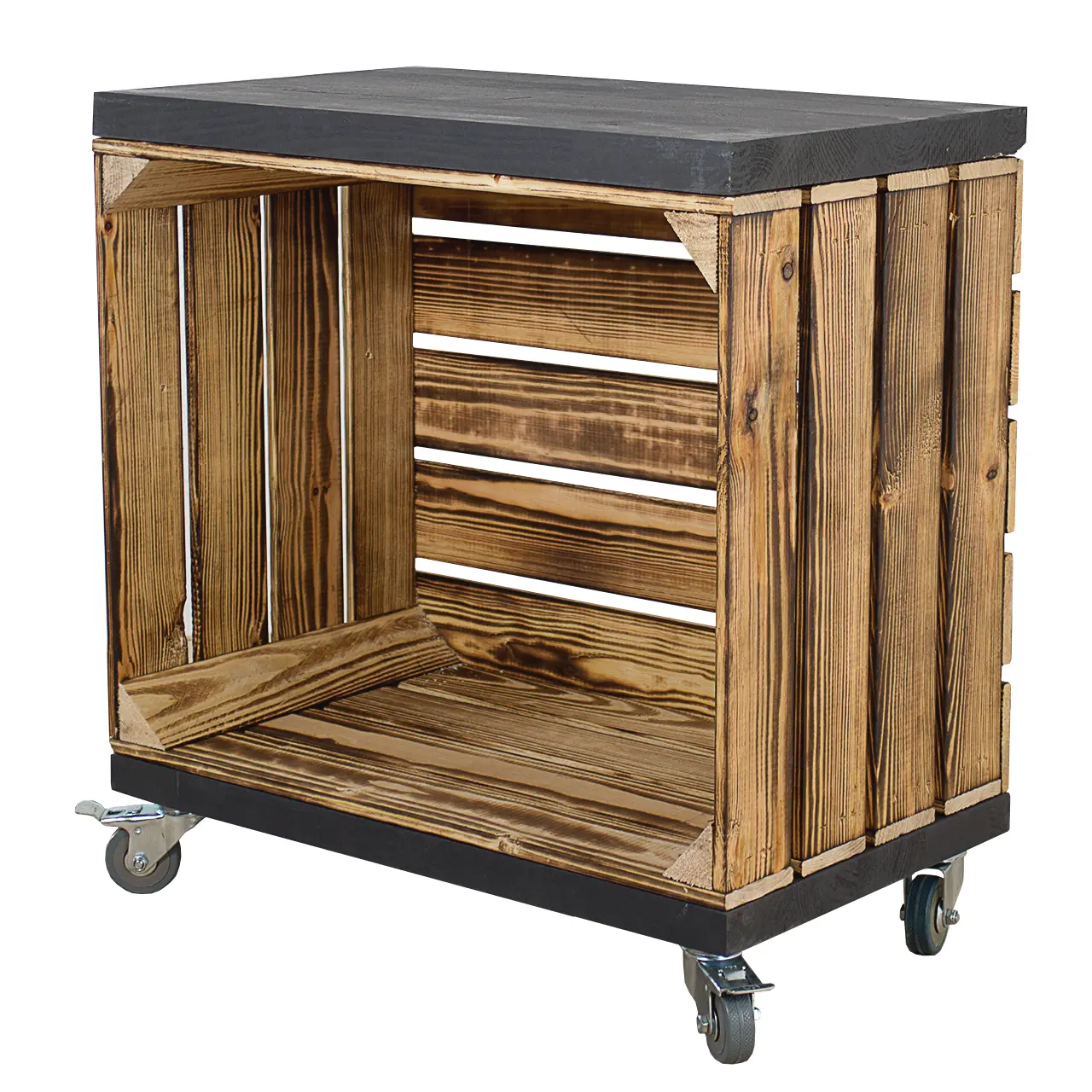 Regal aus einer geflammten Obstkiste mit zwei Bohlenbrettern in Schwarz, auf Rollen 53x50x30cm Regal aus einer geflammten Obstkiste mit zwei Bohlenbrettern in Schwarz, auf Rollen 53x50x30cm