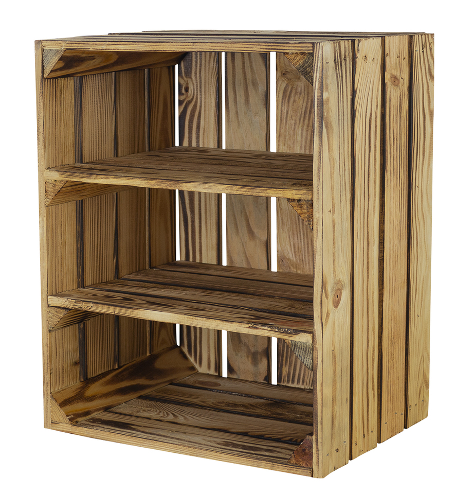 Geflammte Holzkiste mit 2 Mittelbrettern -quer- 50x40x30cm Geflammte Holzkiste mit 2 Mittelbrettern -quer- 50x40x30cm