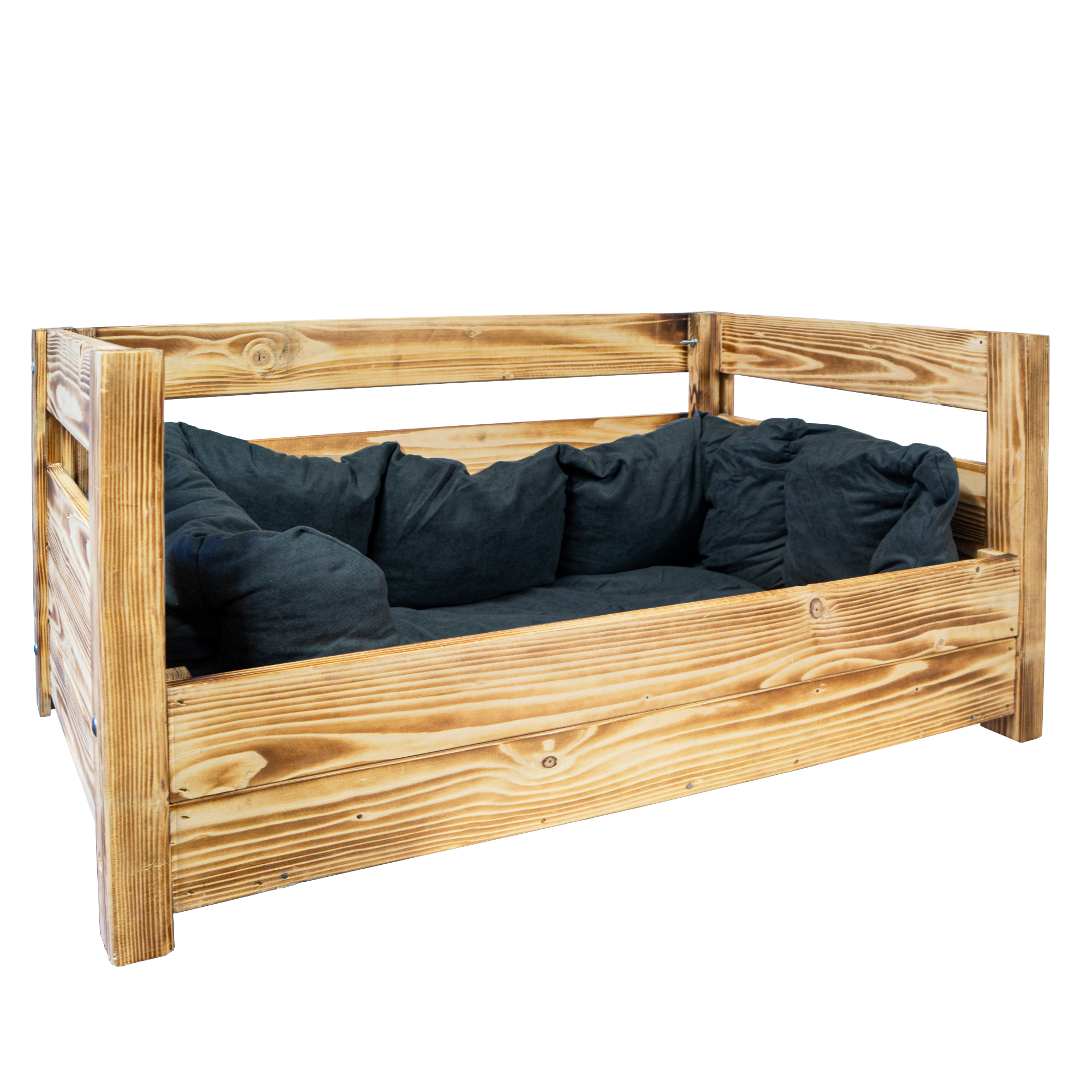 Hundebett Charly – Massivholz in Natur, Braun oder Geflammt 90x57x45cm Gefammt ohne Kissen