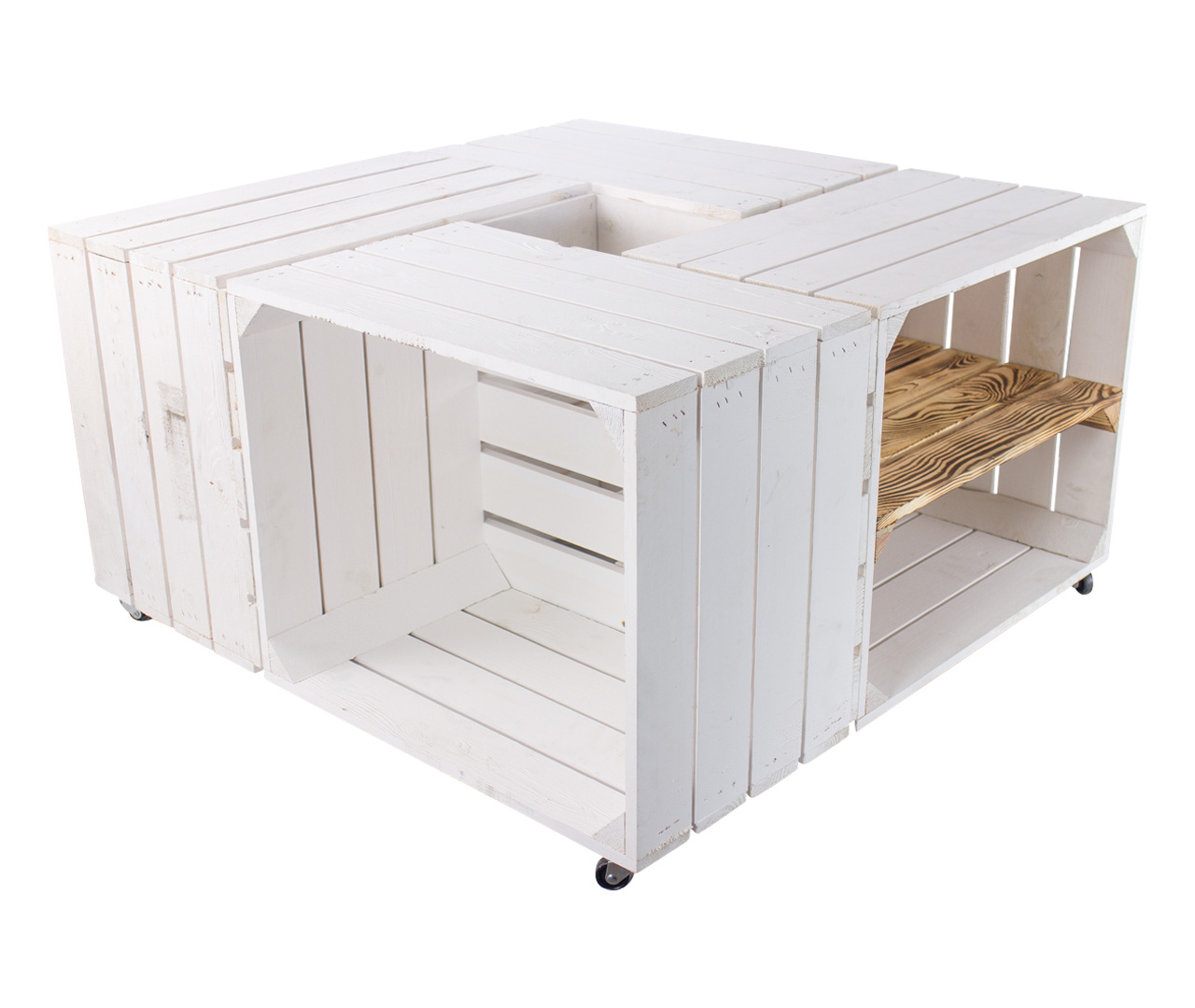 Weißer Couchtisch aus 2 Apfelkisten und 2 Regalkisten mit geflammten Mittelbrettern *längs* 81x81x44cm